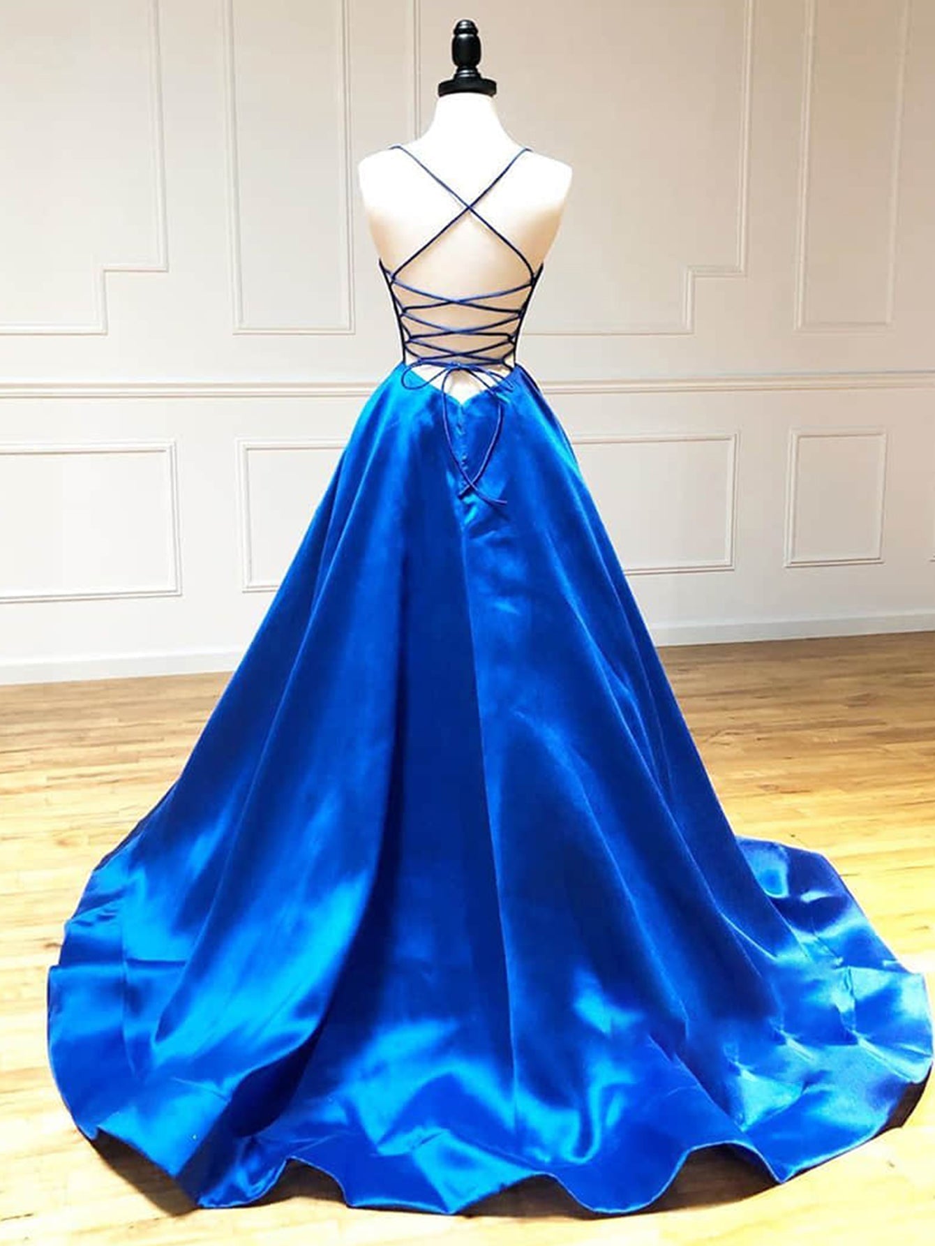 Royal Blue Satin A Line V Neck Long Prom Dress - Prom Dress - DYAVOR®
