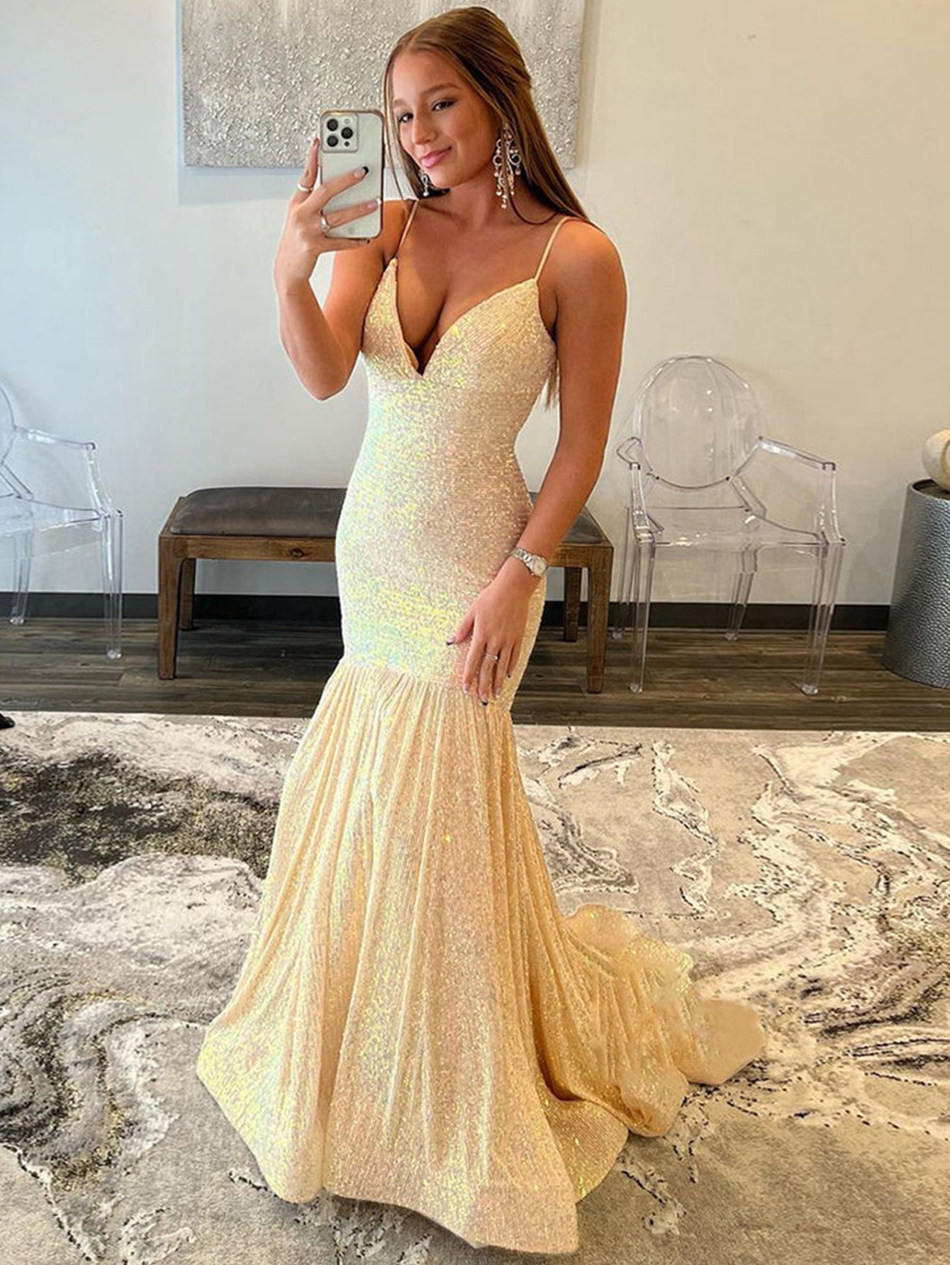 Amaris |Mermaid Orange V Neck Sequins Prom Dress - Prom Dress - DYAVOR®