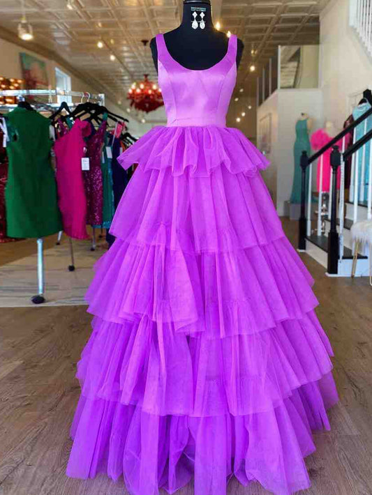 A Line Ruffles Purple Tulle Long Prom Dress - Prom Dress - DYAVOR®