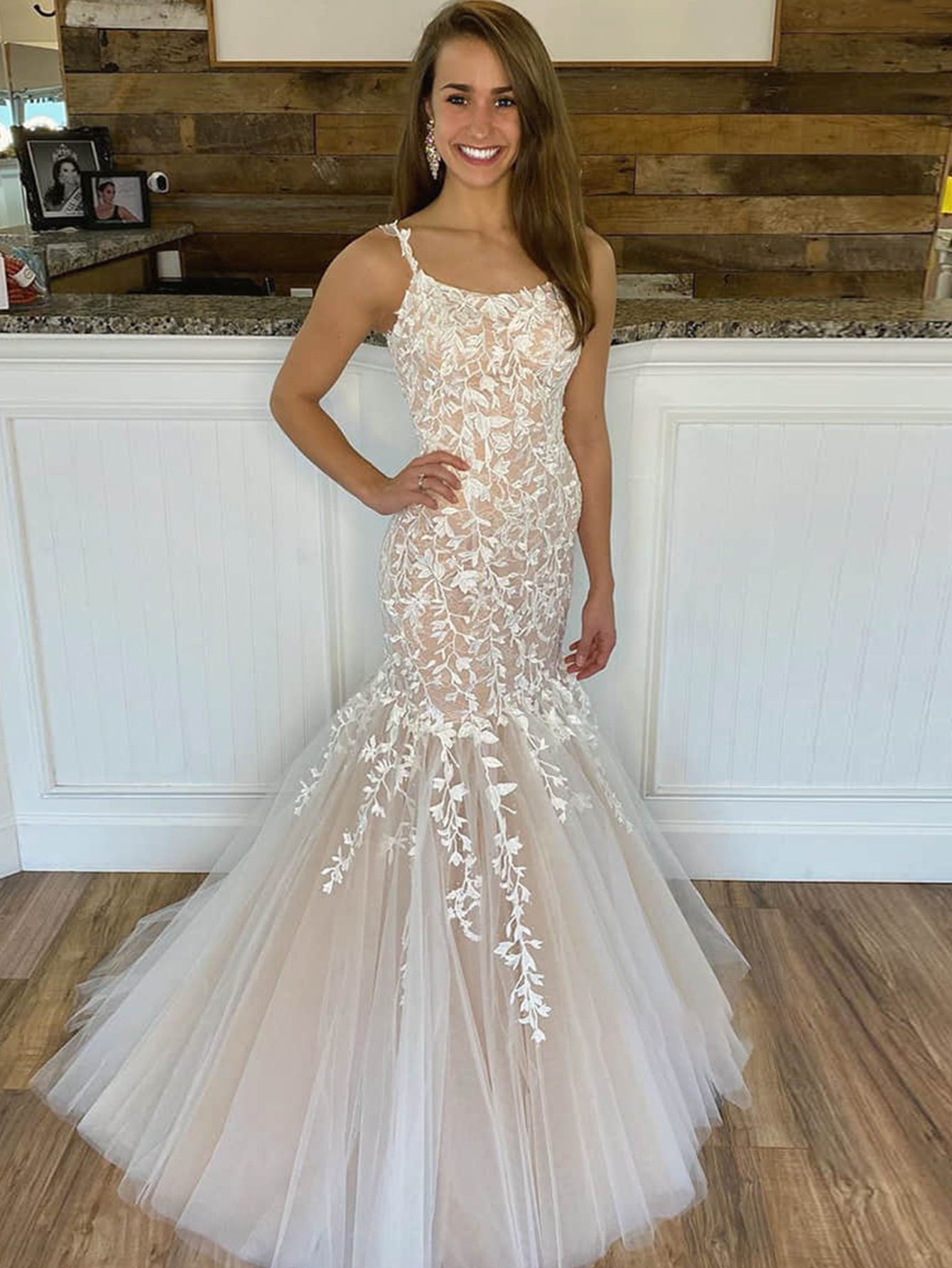 Mermaid Apricot Straps Lace Long Prom Dress - Prom Dress - DYAVOR®