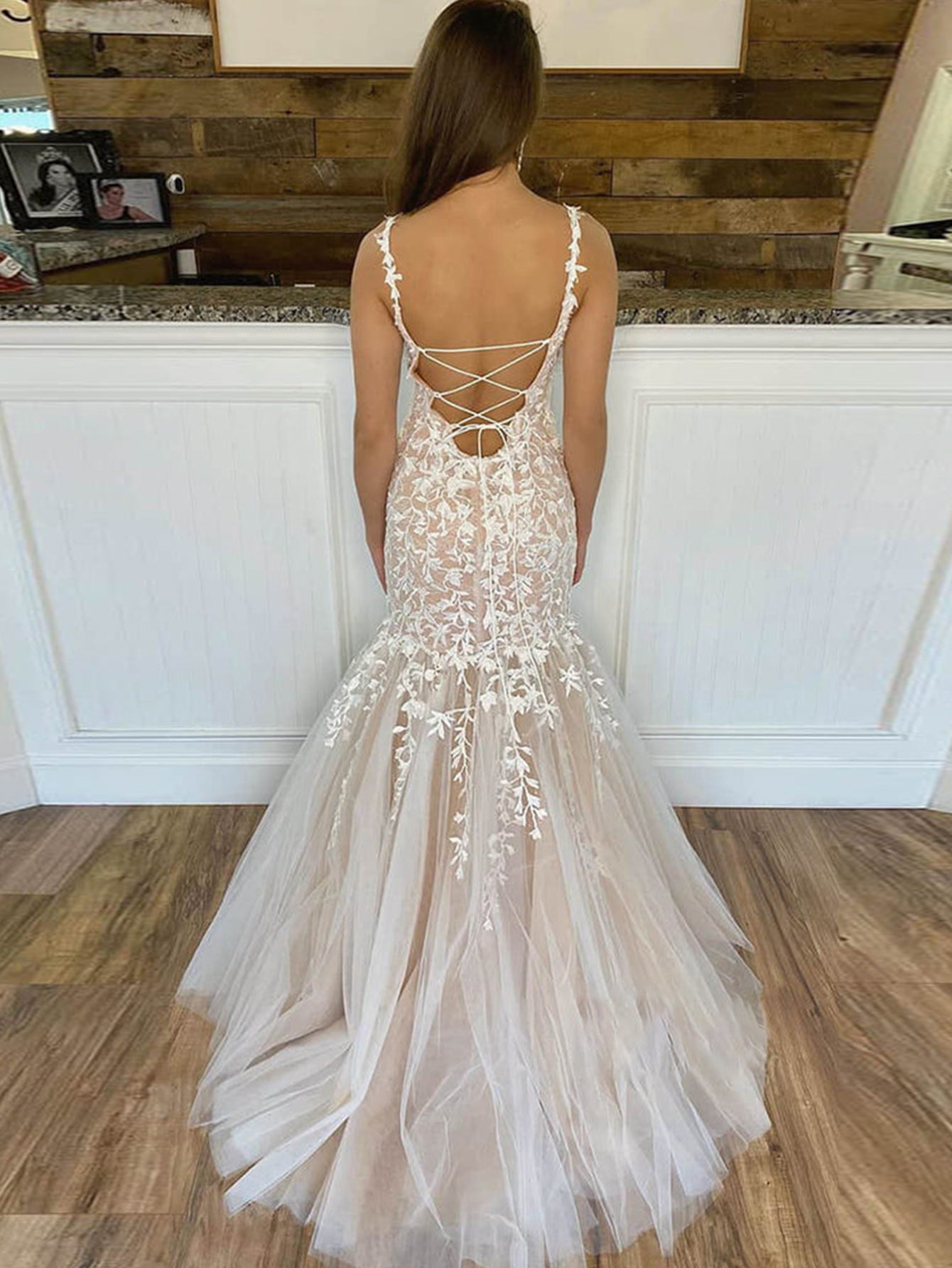 Mermaid Apricot Straps Lace Long Prom Dress - Prom Dress - DYAVOR®