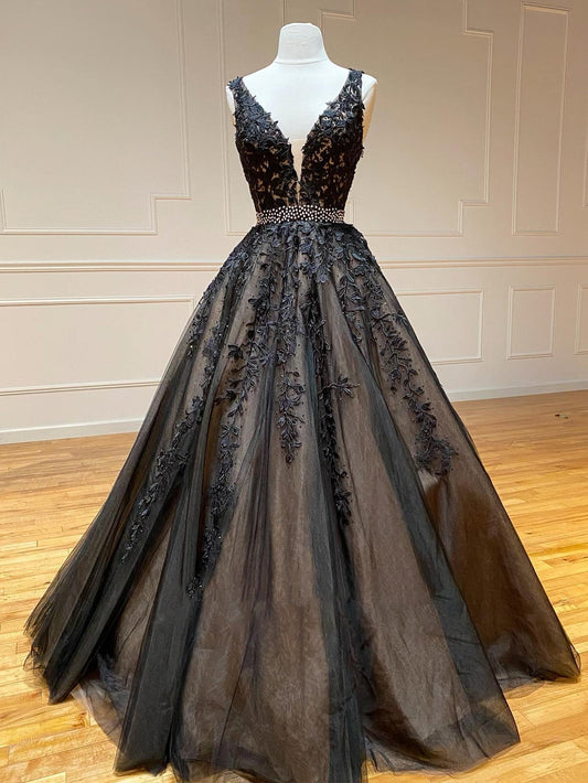 A Line Black V Neck Lace Long Prom Dress - Prom Dress - DYAVOR®