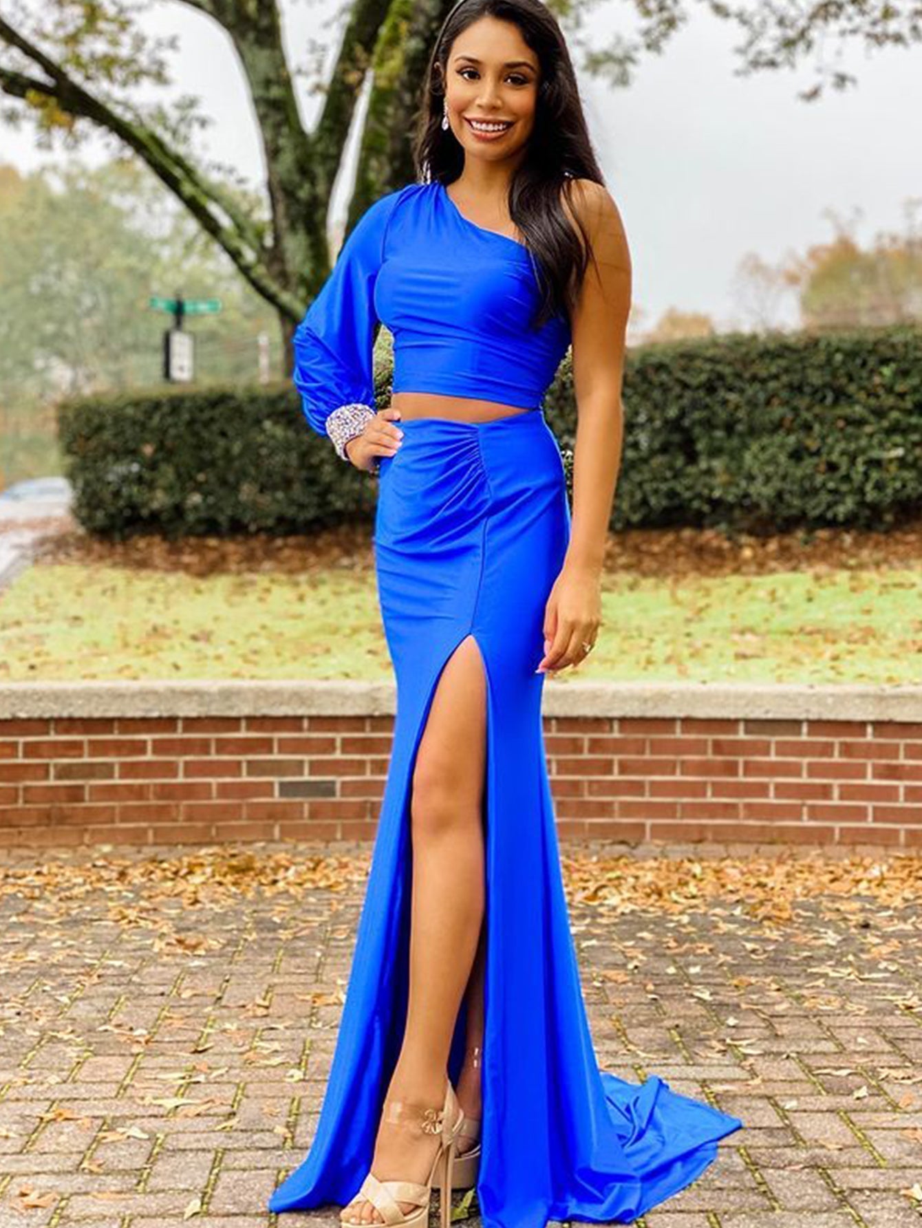 Satin Mermaid One Shoulder Two Pieces Set Black Long Prom Dress - Prom Dress - DYAVOR®