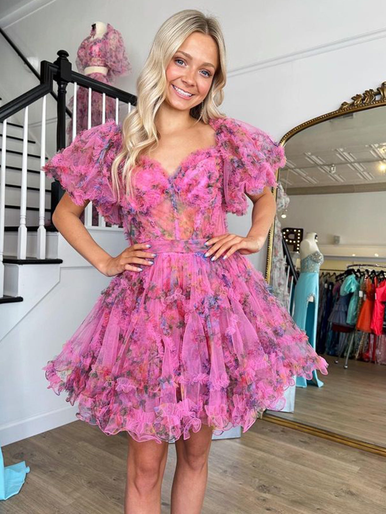 Ivana | Pink A Line Off the Shoulder Floral Printed Homecoming Dress - Homecoming Dress - DYAVOR®