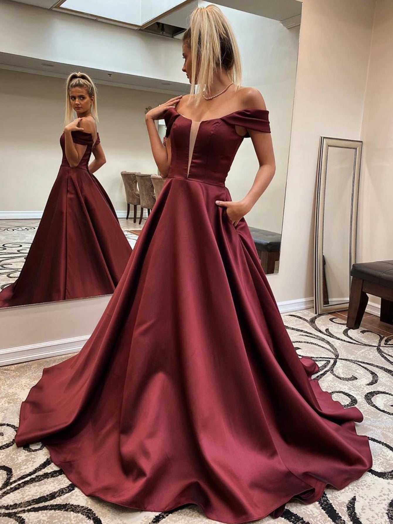 Dark Red A Line Off The Shoulder Long Prom Dress - Prom Dress - DYAVOR®