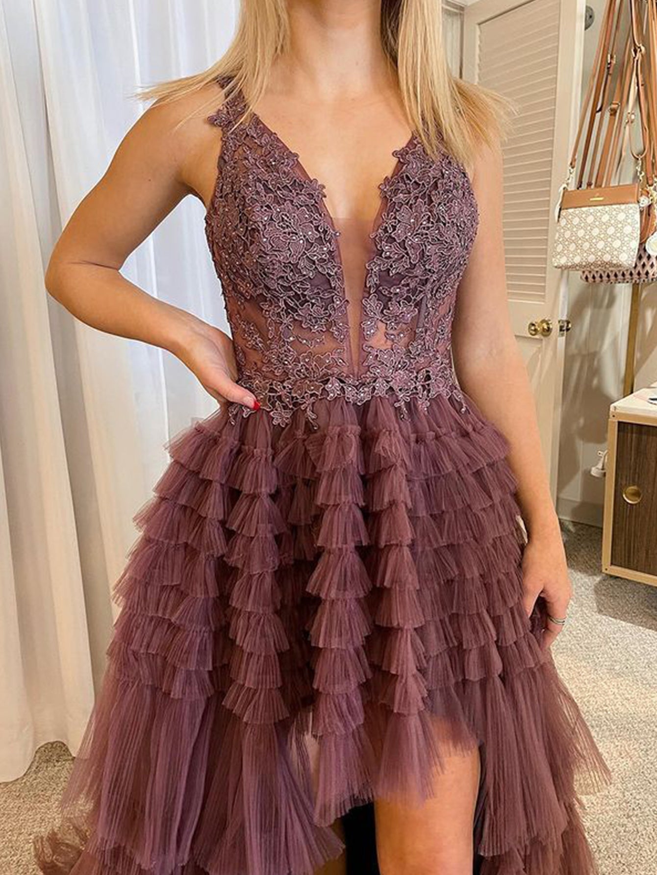 Black V Neck Asymmetrical Tulle Long Prom Dress - Prom Dress - DYAVOR®