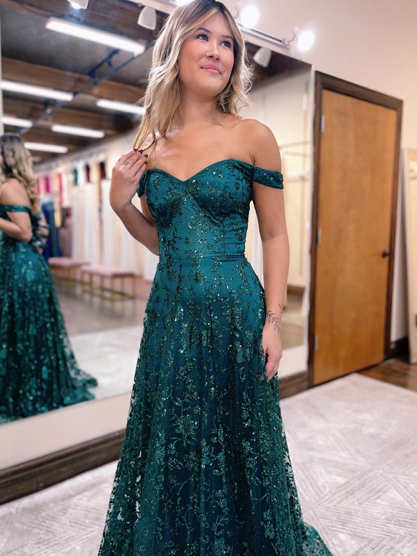 Glitter Mermaid Off The Shoulder Dark Green Long Prom Dress - Prom Dress - DYAVOR®
