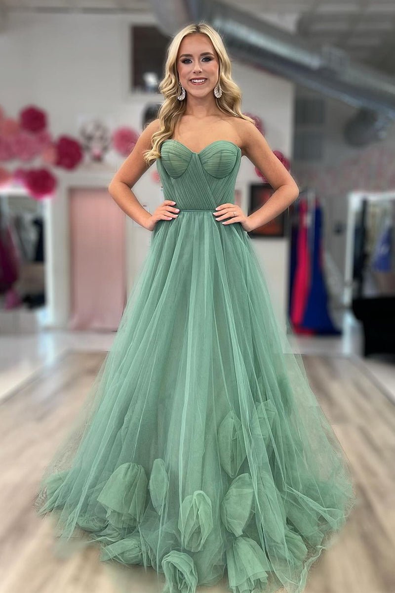 Green Strapless A-Line Tulle Long Prom Dresses - Prom Dress - DYAVOR®