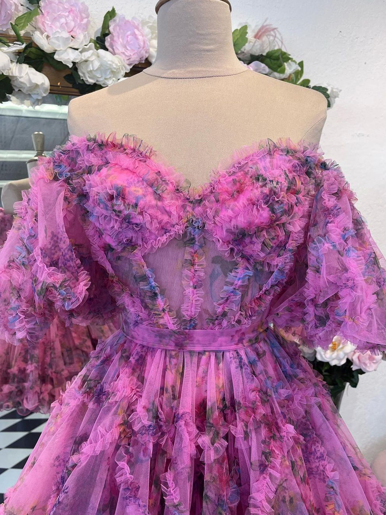 Ivana | Pink A Line Off the Shoulder Floral Printed Homecoming Dress - Homecoming Dress - DYAVOR®