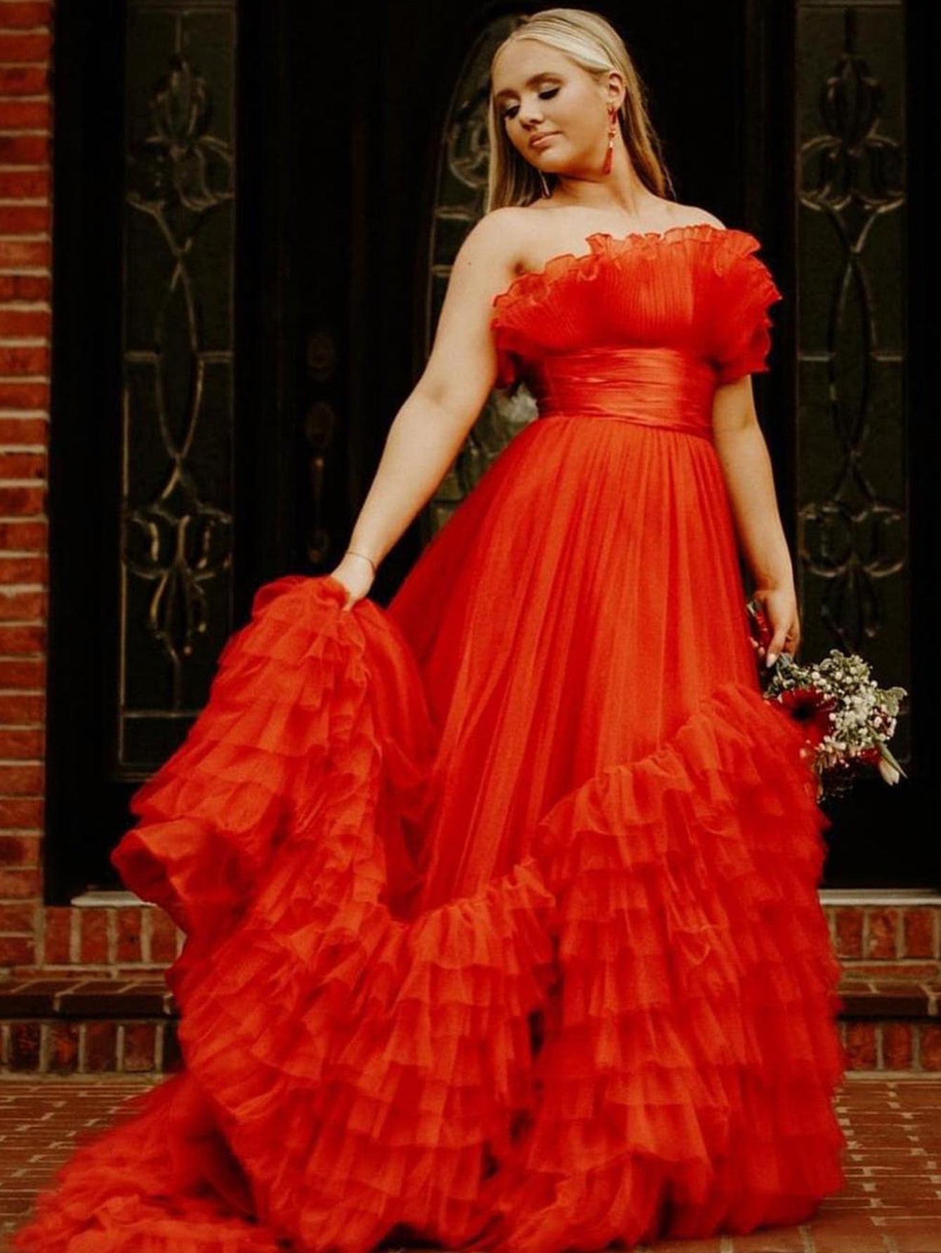Alani |A-Line Strapless Pink Tiered Long Tulle Prom Dress - Prom Dress - DYAVOR®