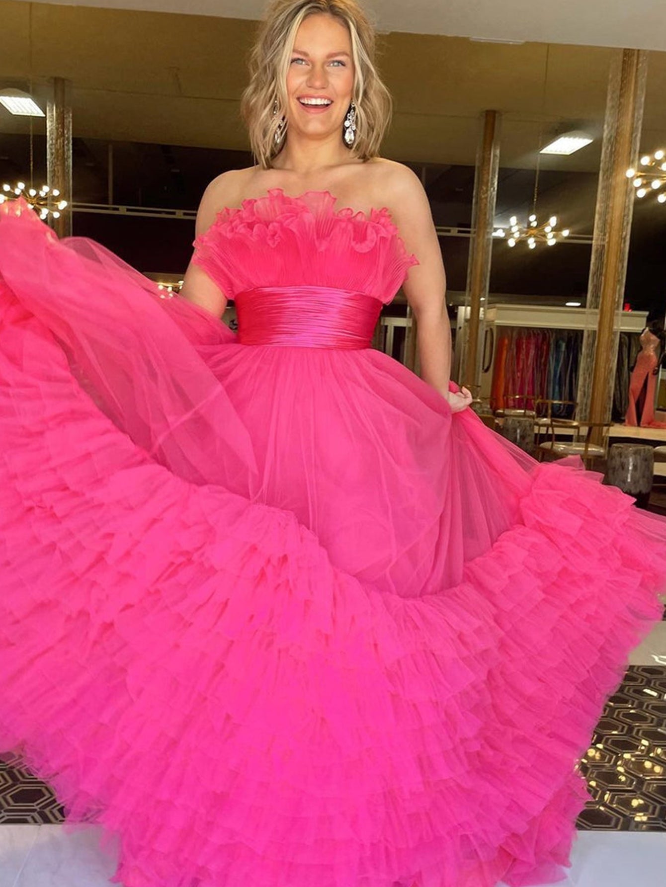 Alani |A-Line Strapless Pink Tiered Long Tulle Prom Dress - Prom Dress - DYAVOR®