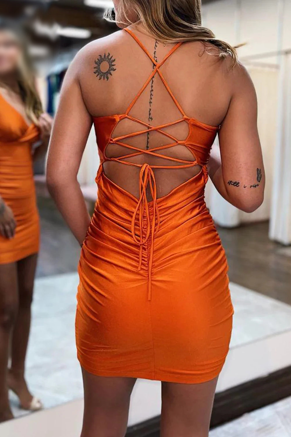 Journi | Orange Lace-Up Back Spaghetti Straps Tight Short Homecoming Dress - Prom Dress - DYAVOR®