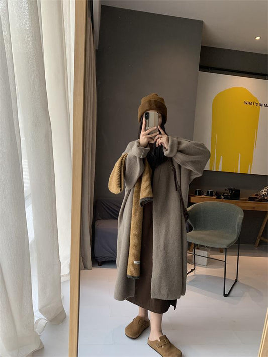 2023 Lazy Chic Solid Color Knit Cardigan: Thickened, Buttonless, Mid-Length Sweater Jacket for Women in Fall and Winter -  - DYAVOR®