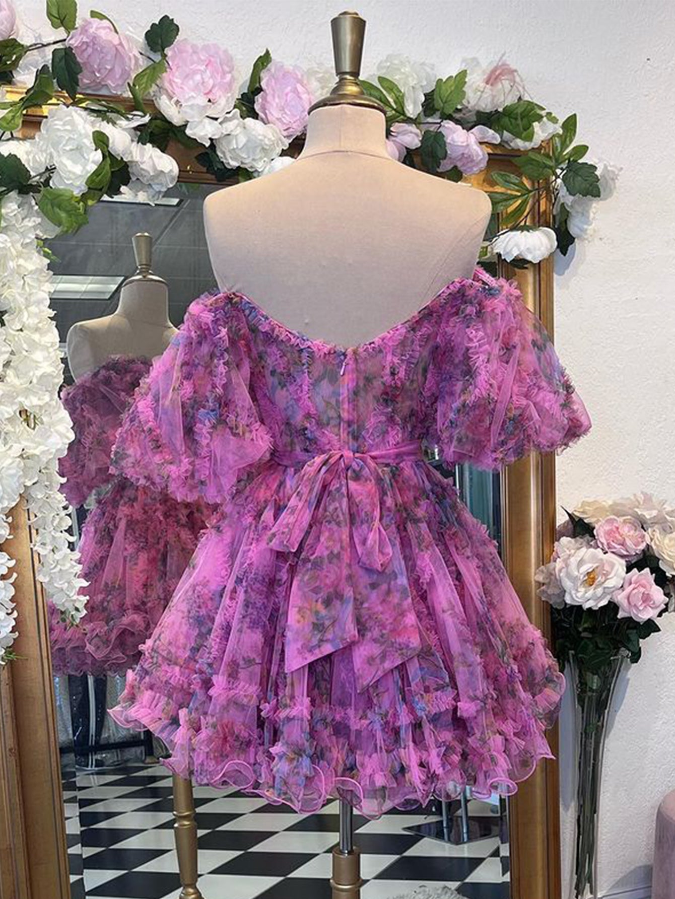 Ivana | Pink A Line Off the Shoulder Floral Printed Homecoming Dress - Homecoming Dress - DYAVOR®