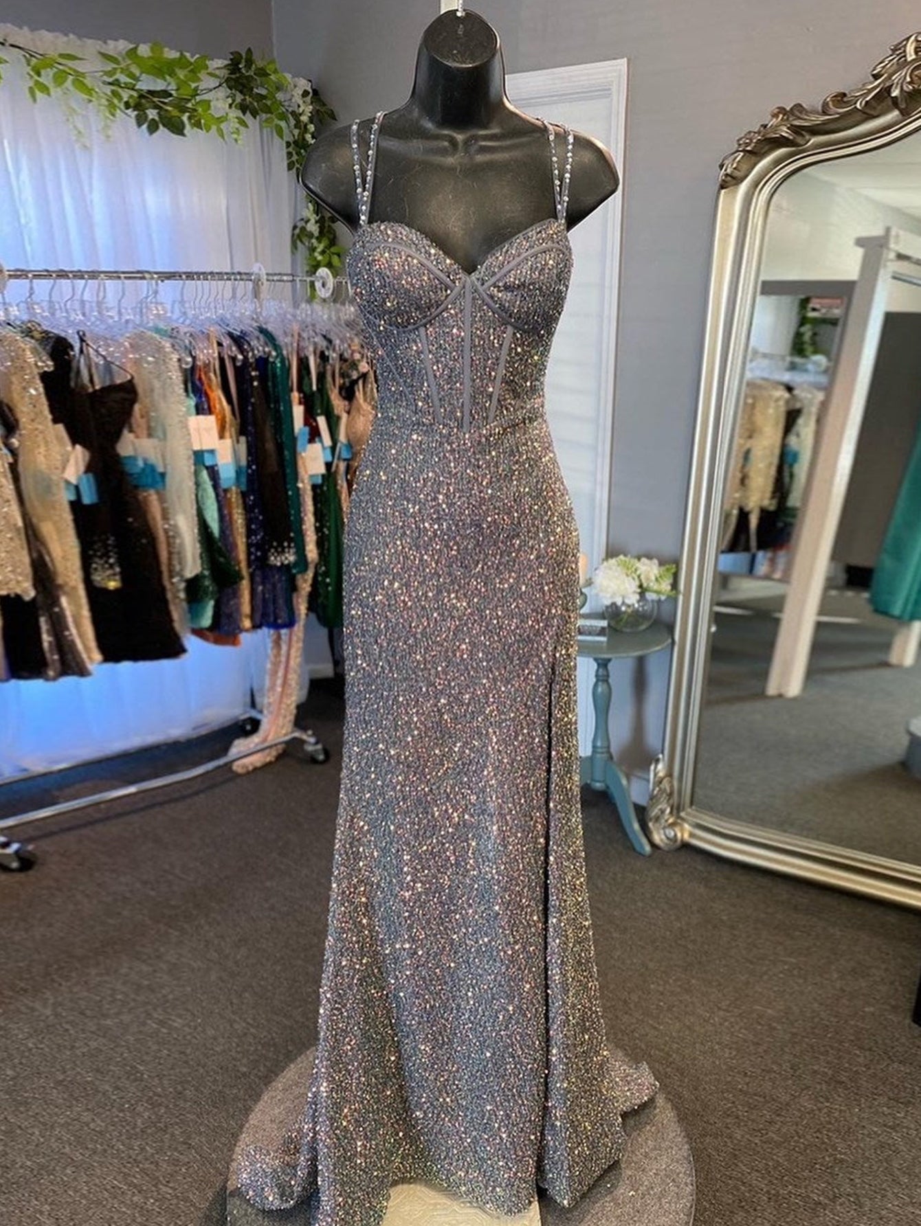 V Neck Grey Glitter Long Prom Dress With Slit - Prom Dress - DYAVOR®