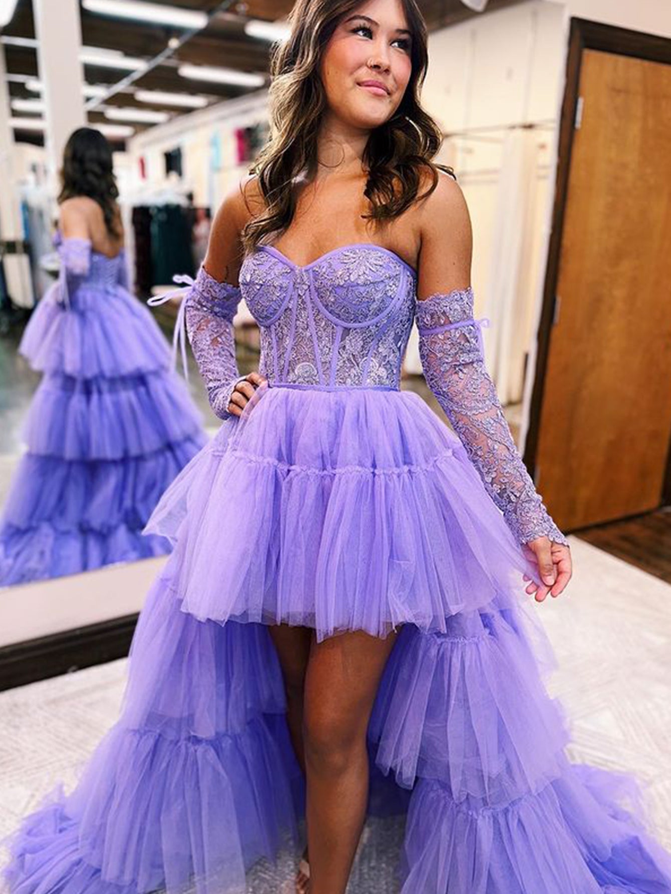 Paige |A-Line Asymmetrical Strapless Tiered Tulle Prom Dress - Prom Dress - DYAVOR®