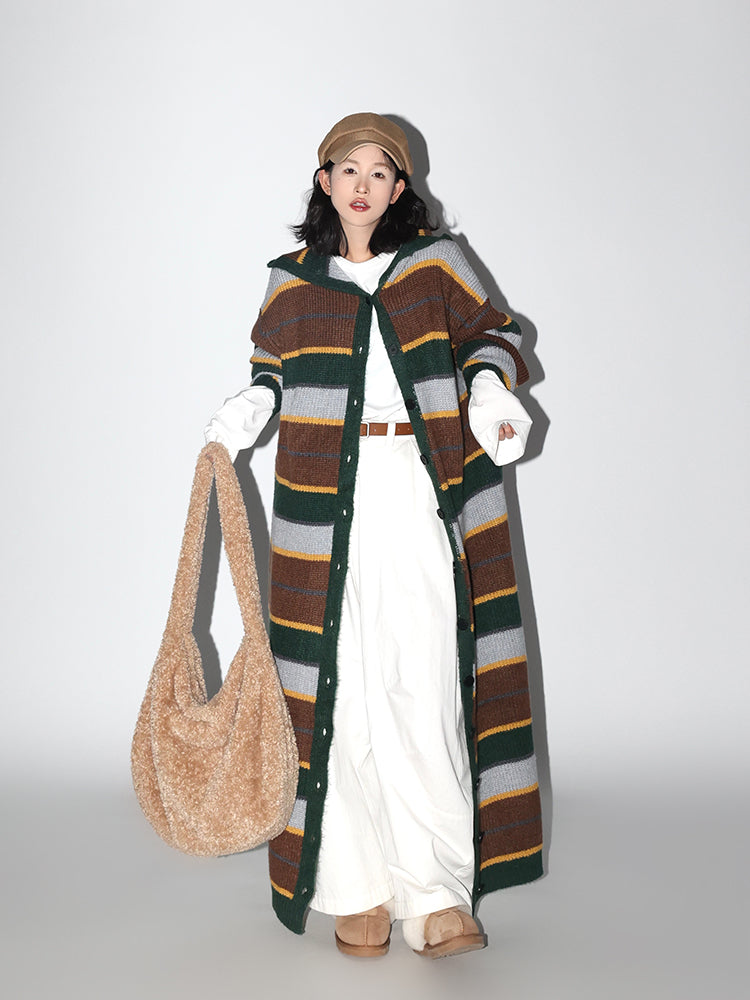 Striped Hooded Knit Sweater Coat for Women: Cozy and Casual Long-Length Knit Sweater Dress with a Touch of Korean Style in Fall-Winter - - DYAVOR®