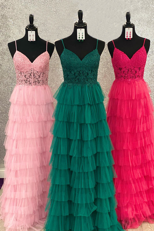 Aubree |Dark Green A-Line Tiered Tulle Long Prom Dress with Lace - Prom Dress - DYAVOR®