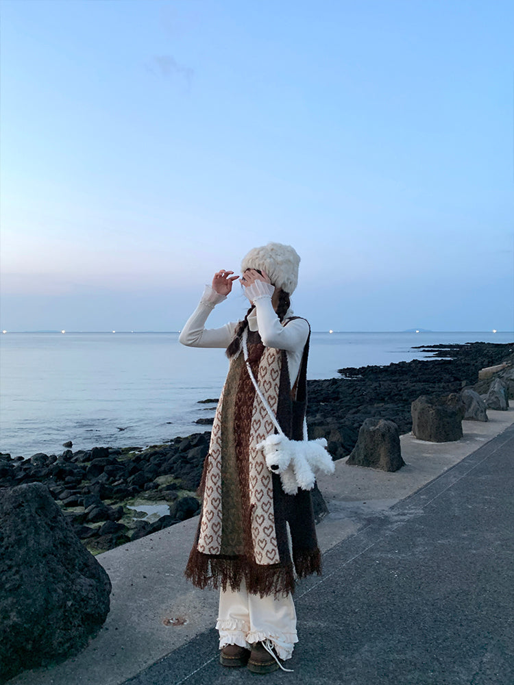 Round Neck Loose-Fit Heart Pattern Knit Sleeveless Sweater Dress for Autumn Winter - - DYAVOR®
