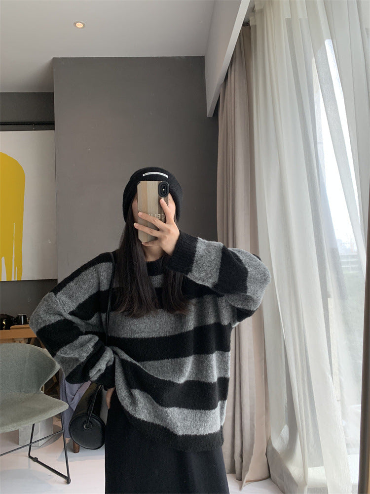 Artsy Chic 2023 Fall-Winter Women's Round-Necked Loose Fit Striped Knit Sweater, Ins Style Pullover Top - - DYAVOR®
