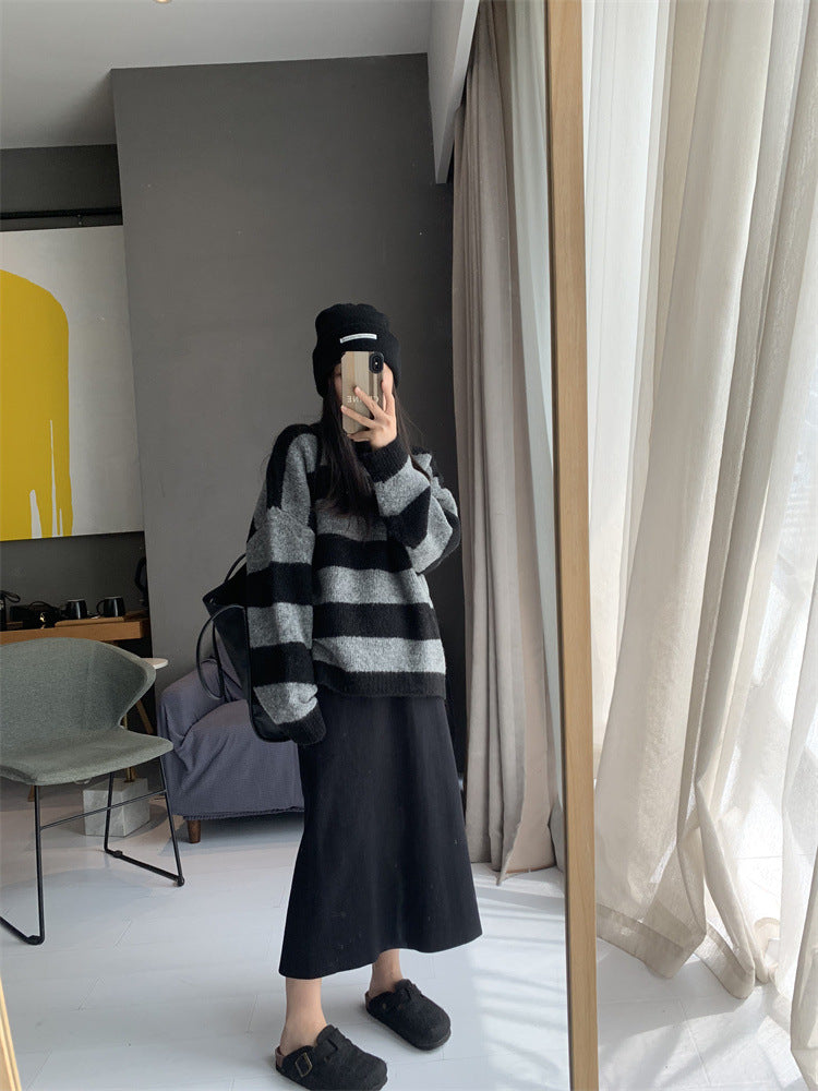 Artsy Chic 2023 Fall-Winter Women's Round-Necked Loose Fit Striped Knit Sweater, Ins Style Pullover Top - - DYAVOR®