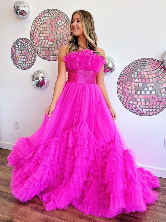 Alani |A-Line Strapless Pink Tiered Long Tulle Prom Dress - Prom Dress - DYAVOR®