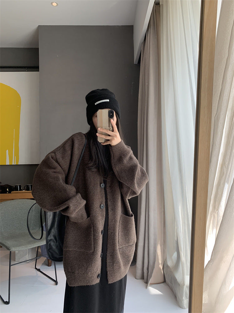 Autumn-Winter Women's V-Neck Oversized Knit Cardigan: Stylish Sweater Jacket with Long Sleeves for 2023 - - DYAVOR®