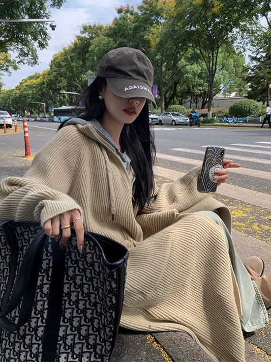 2023 Thickened Stand Collar Zip-Up Knit Cardigan: Long and Relaxed Women's Fashion Sweater Jacket for Cozy Fall-Winter Style -  - DYAVOR®