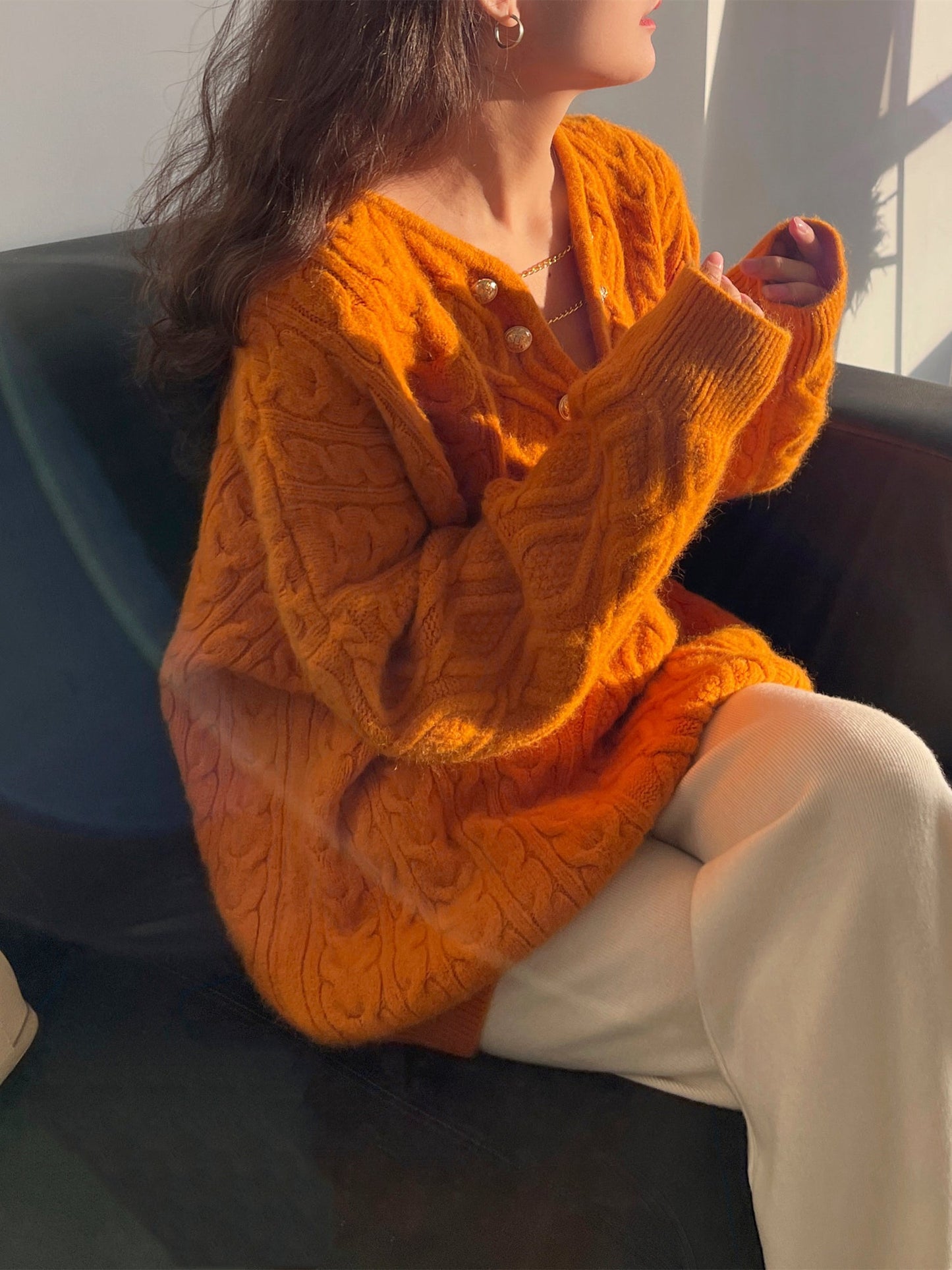 Orange V-Neck Cable Knit Sweater for Women - 2023 Autumn/Winter New Arrival, Elegant and Cozy Pullover for Layering - - DYAVOR®