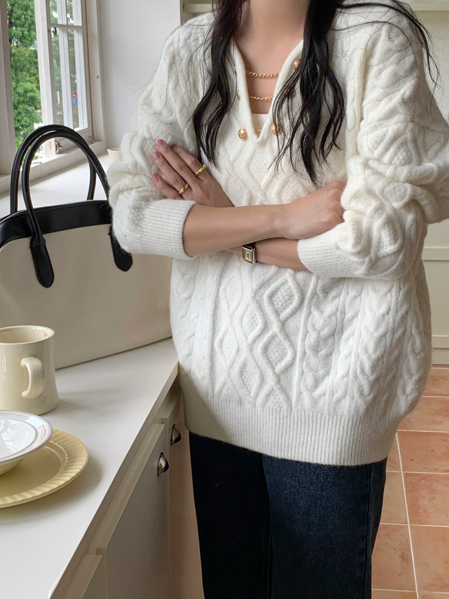 Orange V-Neck Cable Knit Sweater for Women - 2023 Autumn/Winter New Arrival, Elegant and Cozy Pullover for Layering - - DYAVOR®
