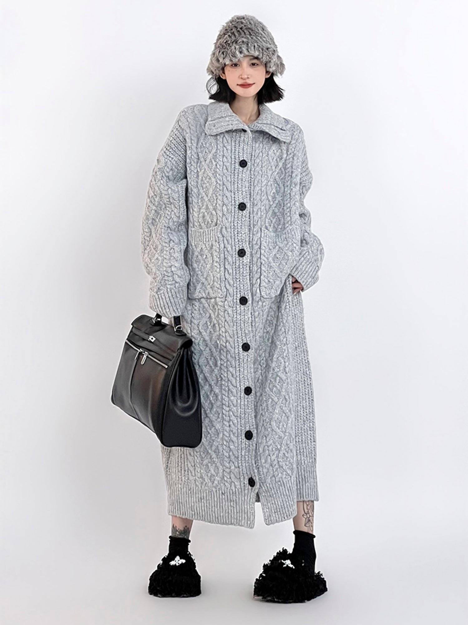 Oversized Gray Lazy-Style Long Knit Cardigan Coat for Women: Casual and Cozy Winter Wear -  - DYAVOR®