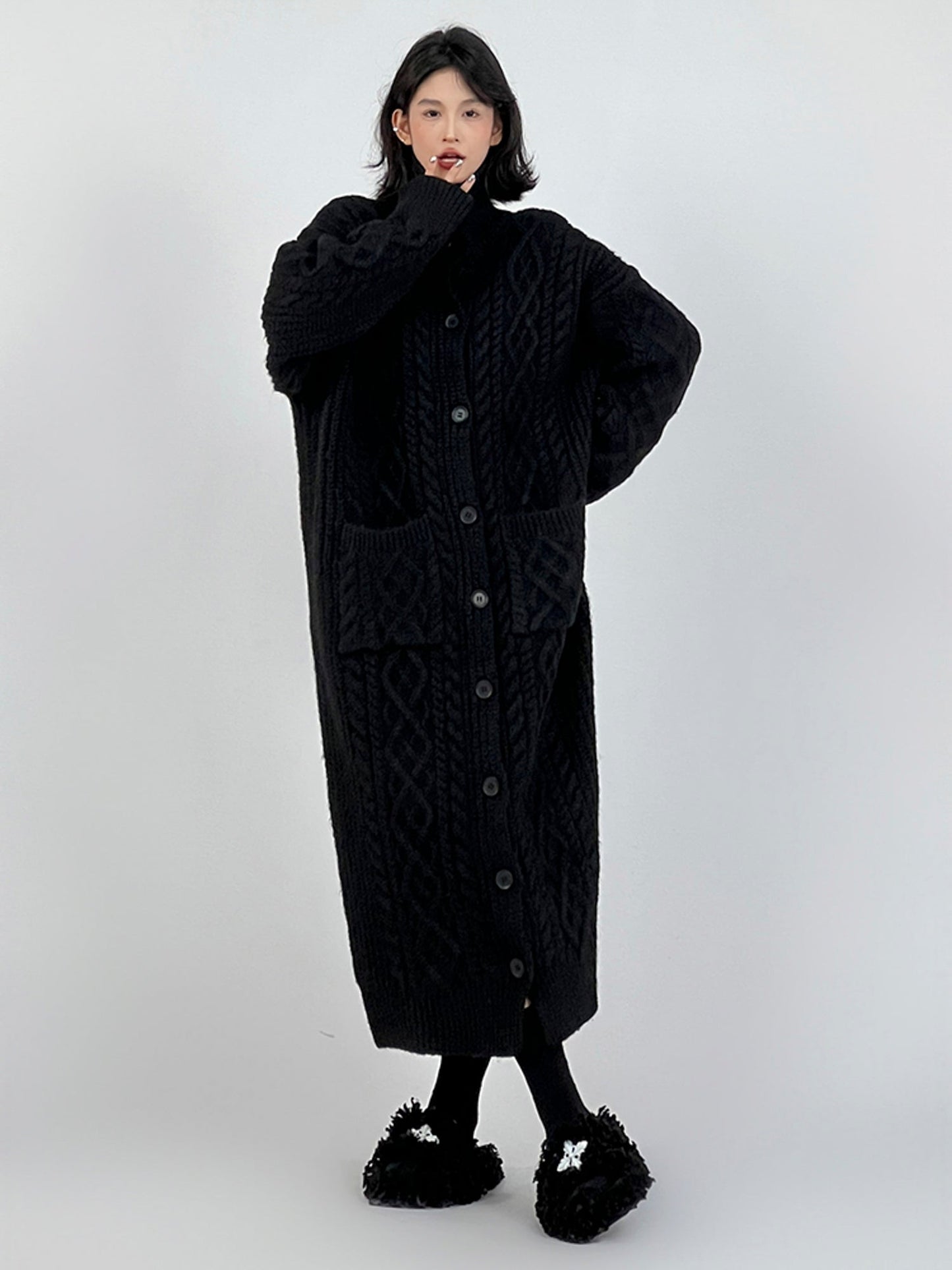 Oversized Gray Lazy-Style Long Knit Cardigan Coat for Women: Casual and Cozy Winter Wear - - DYAVOR®