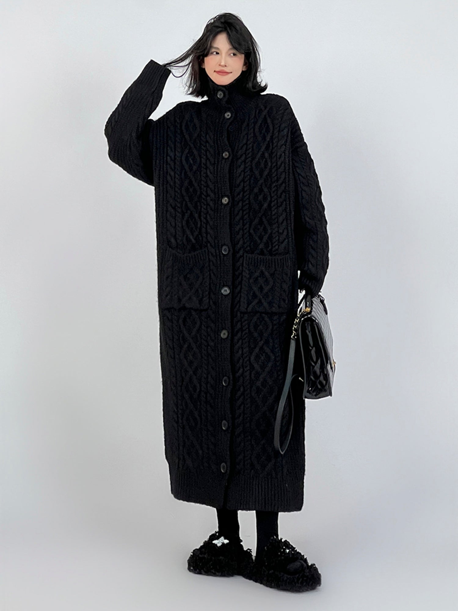 Oversized Gray Lazy-Style Long Knit Cardigan Coat for Women: Casual and Cozy Winter Wear -  - DYAVOR®