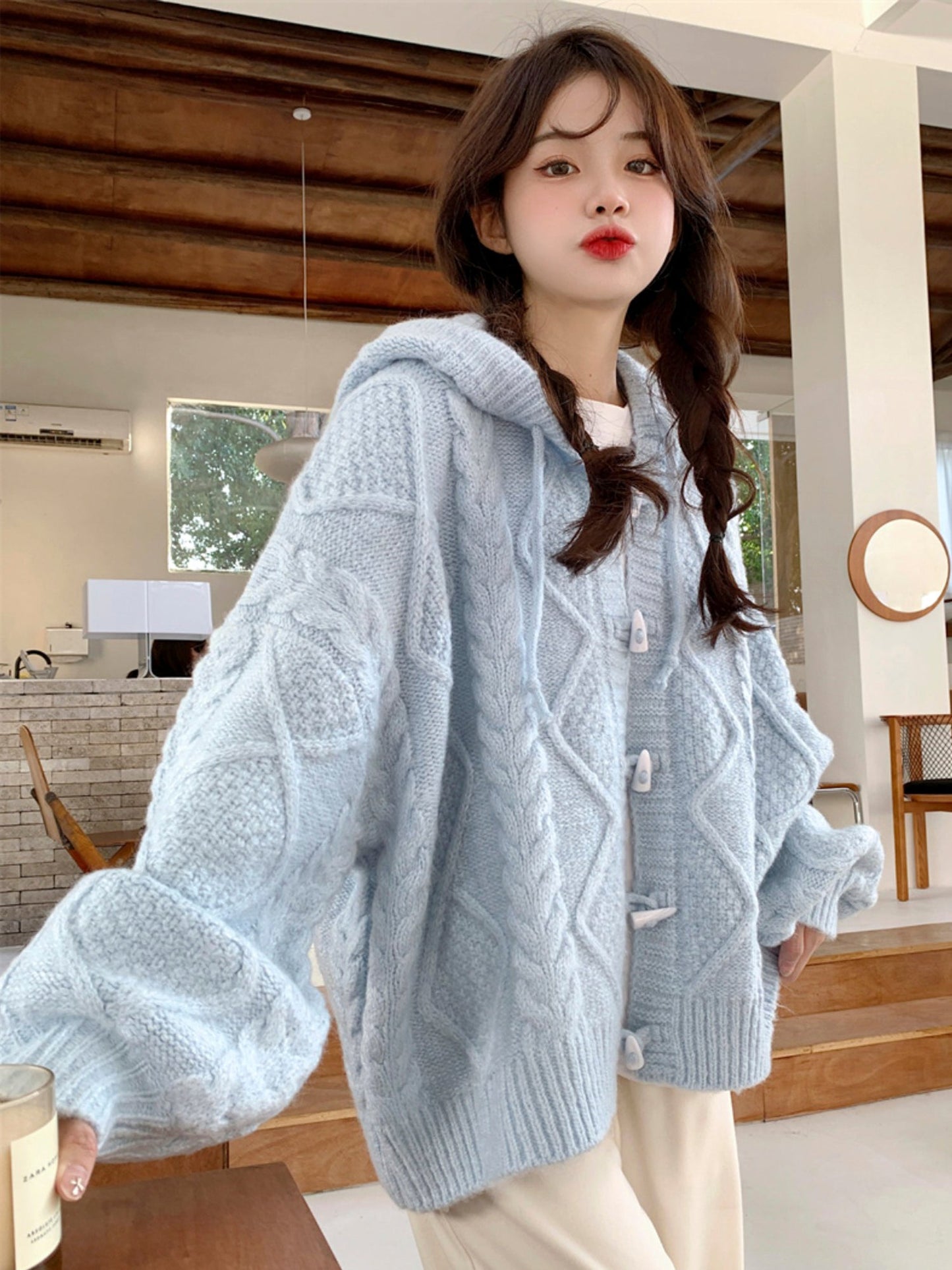 Powder Blue Horn Button Sweater: Embrace Cozy and Casual Style for 2023 Spring and Autumn - - DYAVOR®