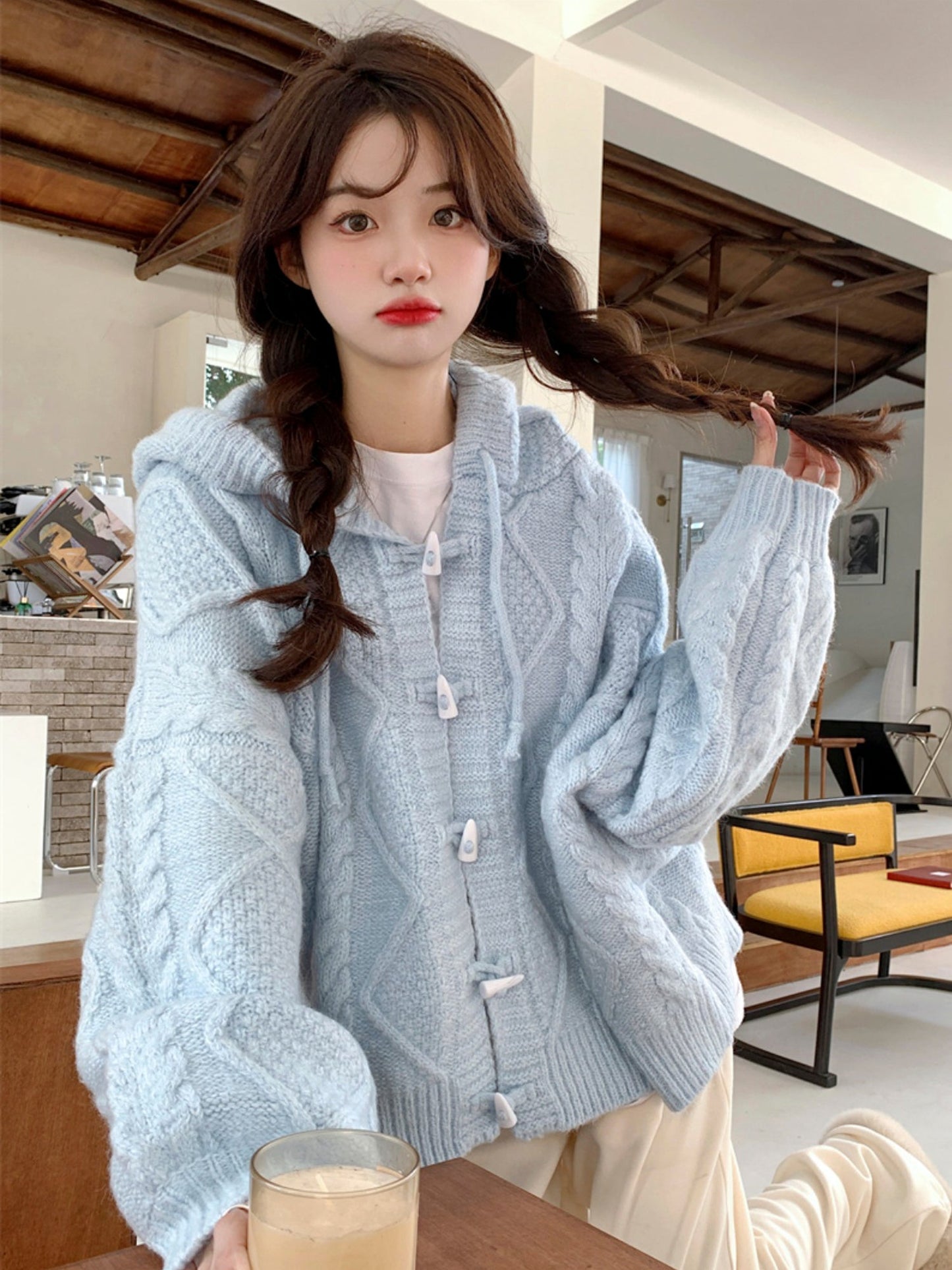 Powder Blue Horn Button Sweater: Embrace Cozy and Casual Style for 2023 Spring and Autumn - - DYAVOR®
