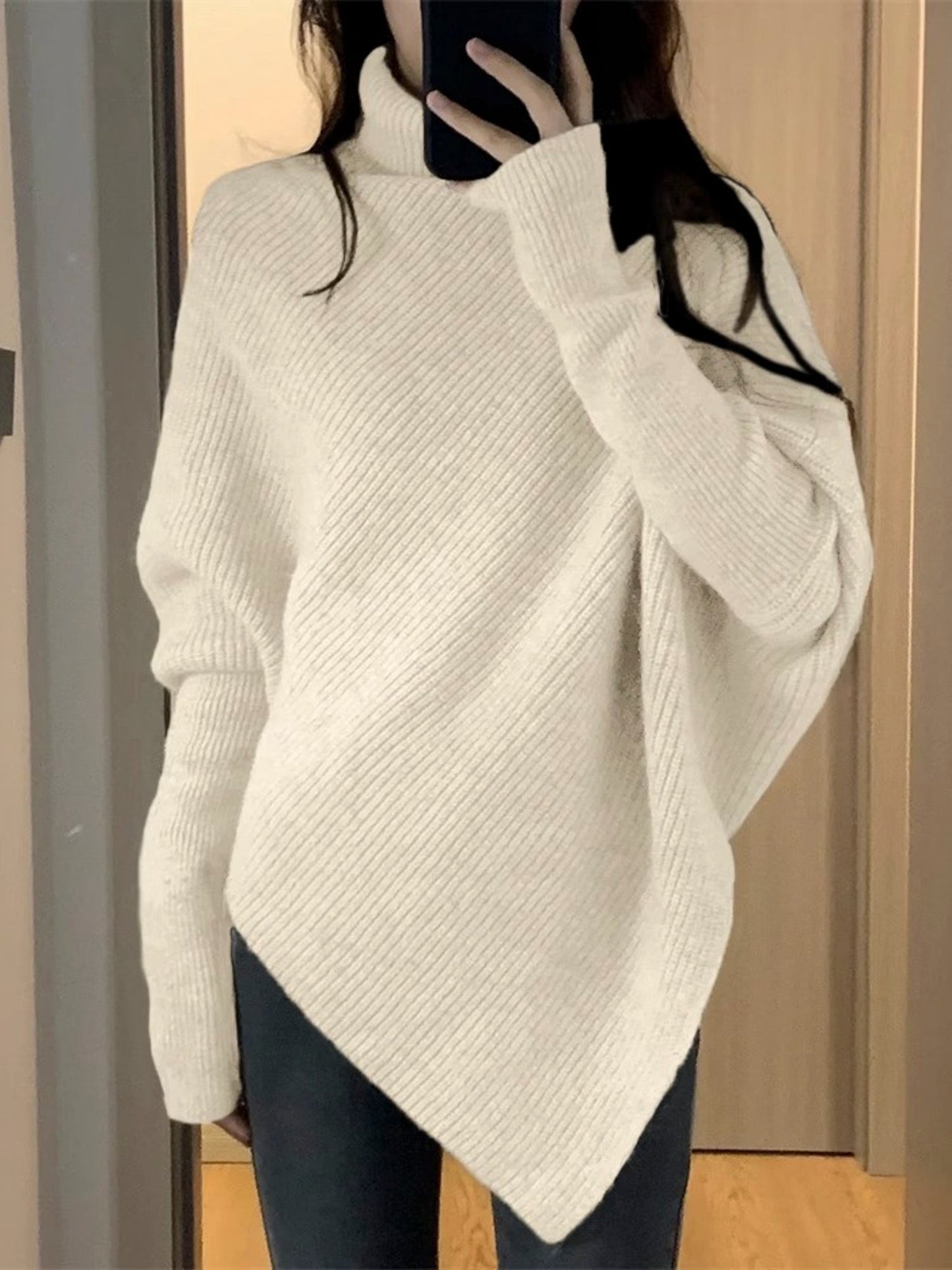Unique Design High-Neck Long Sleeve Sweater for Women Cozy Irregular Fall/Winter Knitwear Gift for Her Christmas Gift - - DYAVOR®