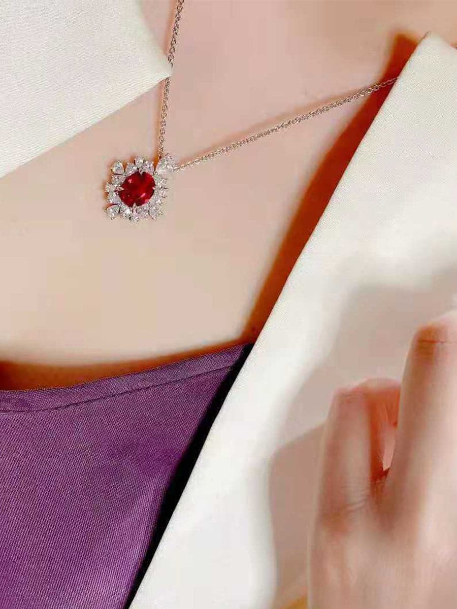 Missord Halo Pear Cut Ruby S925 Silver Pendant Necklace MRL1014 - Necklaces - DYAVOR®