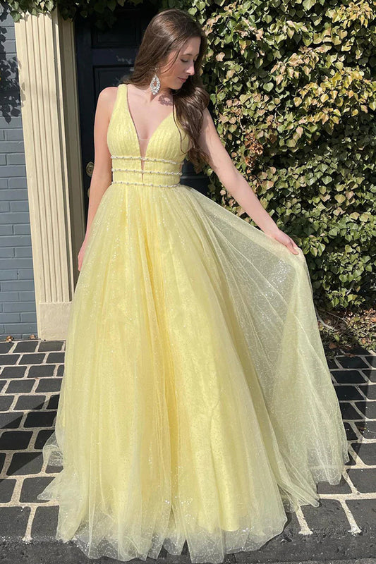 Alaiya |A-Line V Neck Glitter Tulle Prom Dress - Prom Dress - DYAVOR®