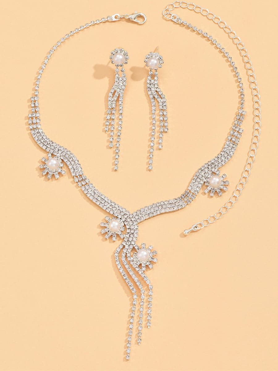 Sparkling Pearl Drop Crystal Rhinestone Necklace Set MSE00137 - Jewelry Set - DYAVOR®