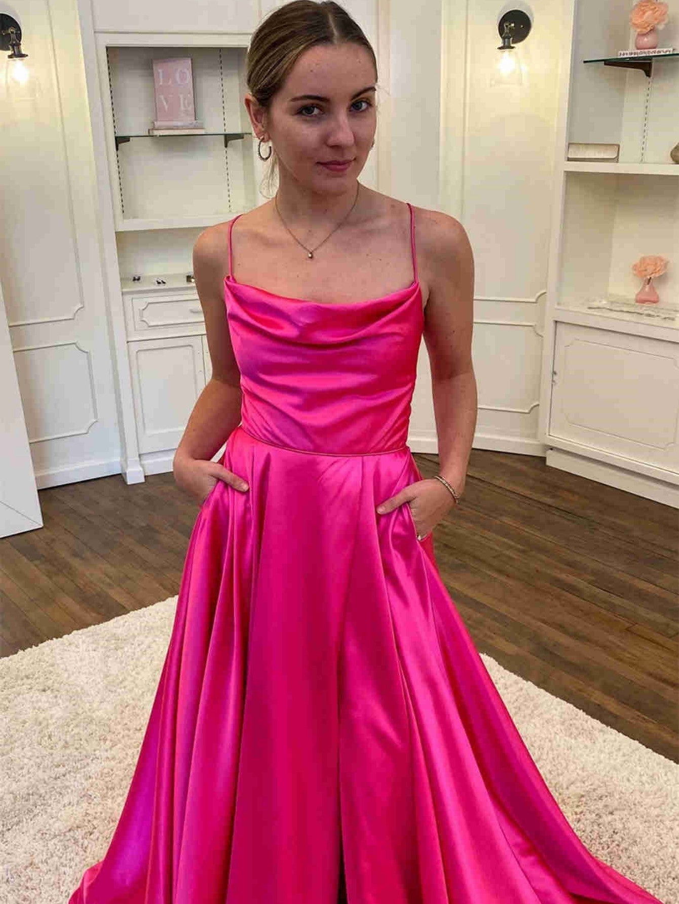 Araya |A Line Cowl Neck Satin Prom Dress With Slit - Prom Dress - DYAVOR®