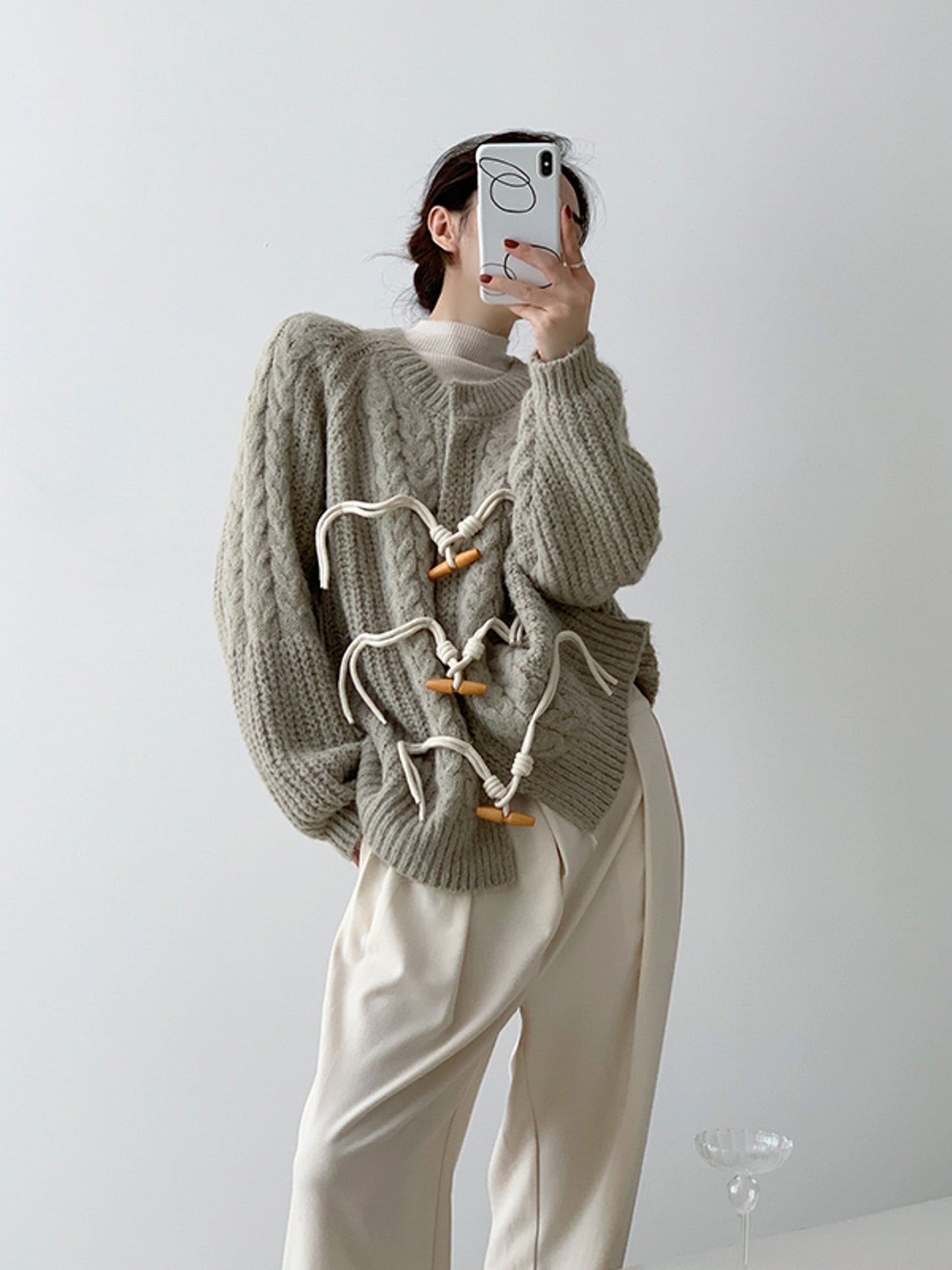 Chunky Knit Horn Button Twisted Cardigan in Grey-Green Tones for Women Autumn Winter Sweater - - DYAVOR®