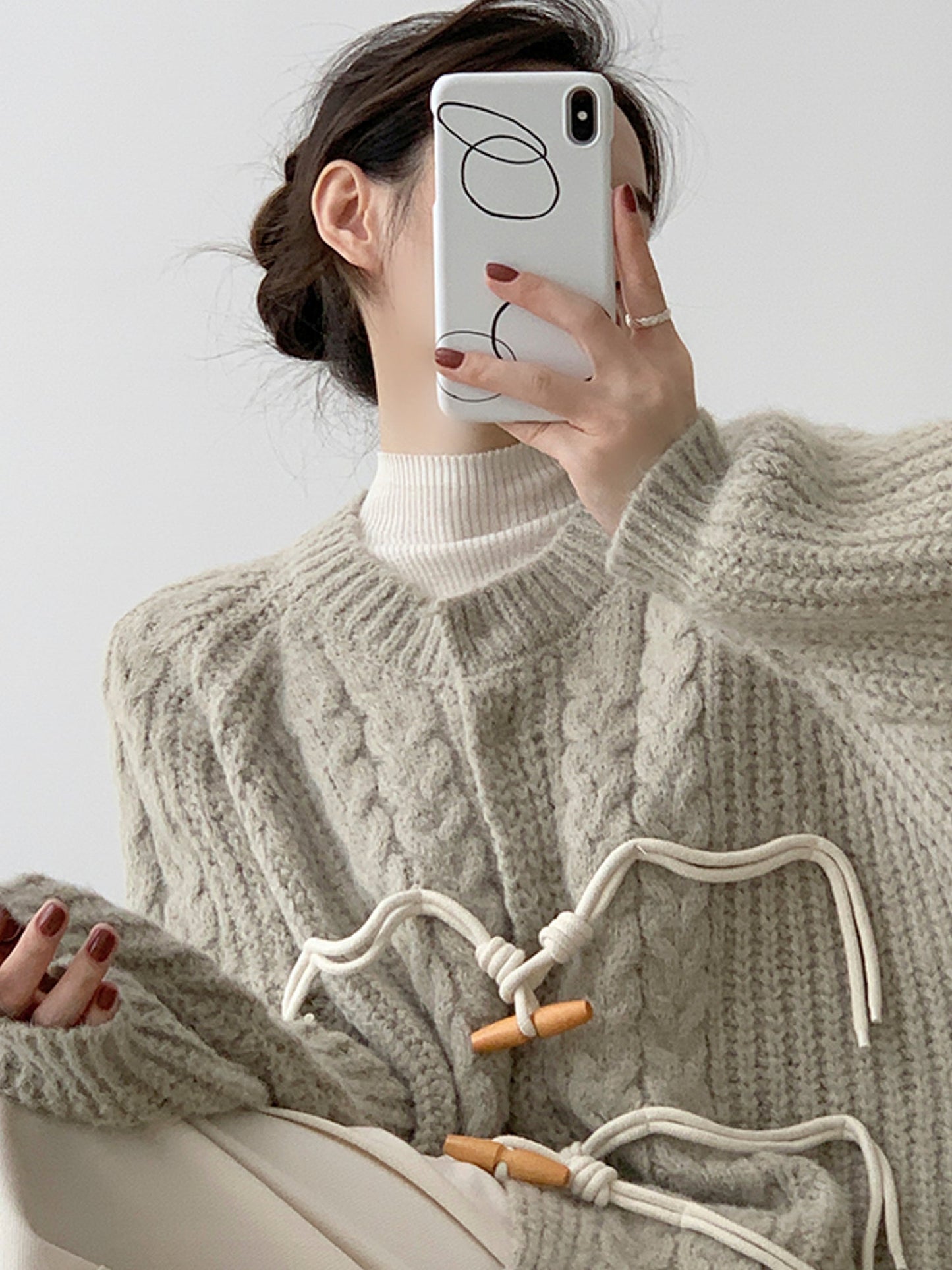 Chunky Knit Horn Button Twisted Cardigan in Grey-Green Tones for Women Autumn Winter Sweater - - DYAVOR®