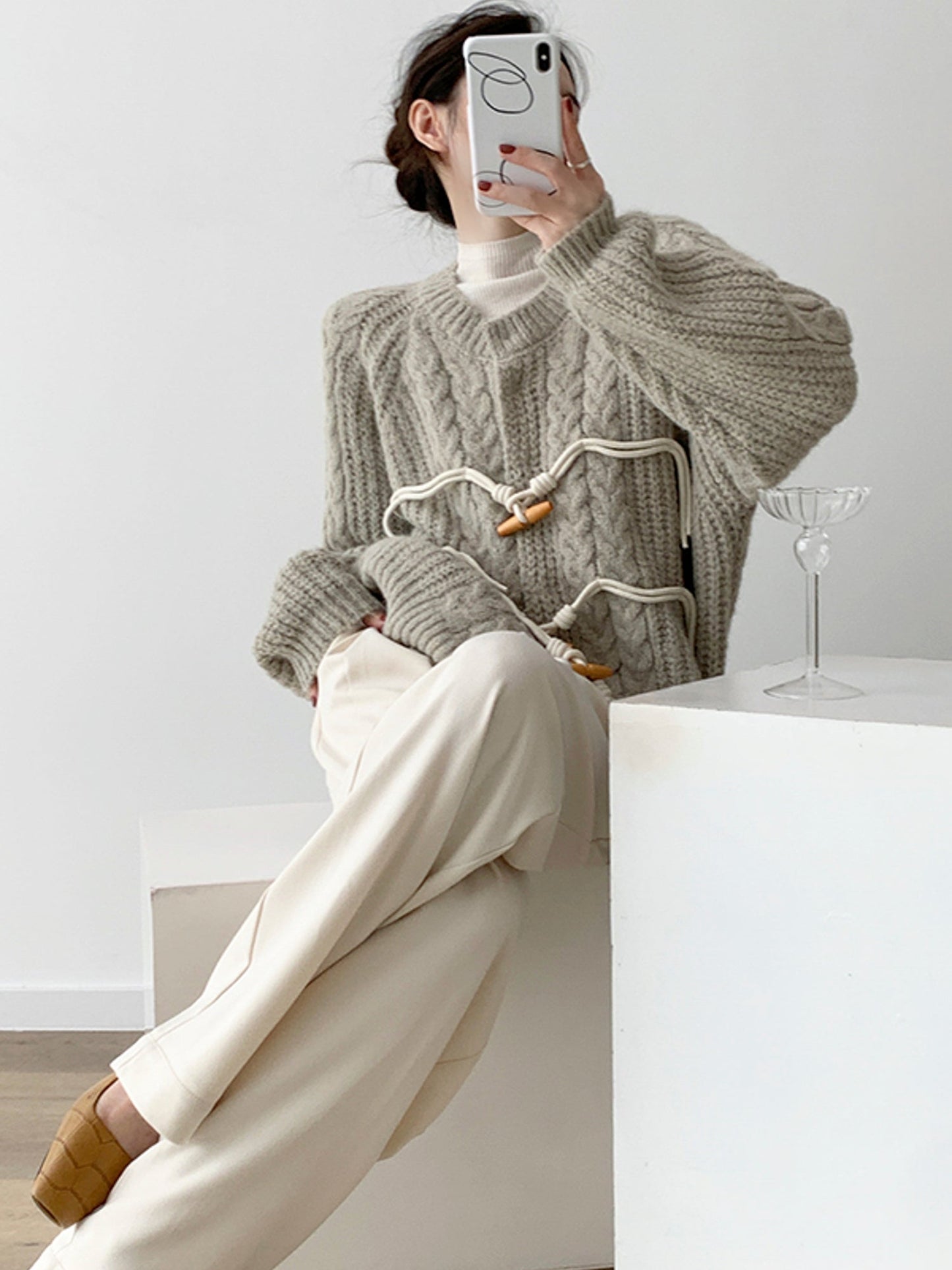 Chunky Knit Horn Button Twisted Cardigan in Grey-Green Tones for Women Autumn Winter Sweater - - DYAVOR®