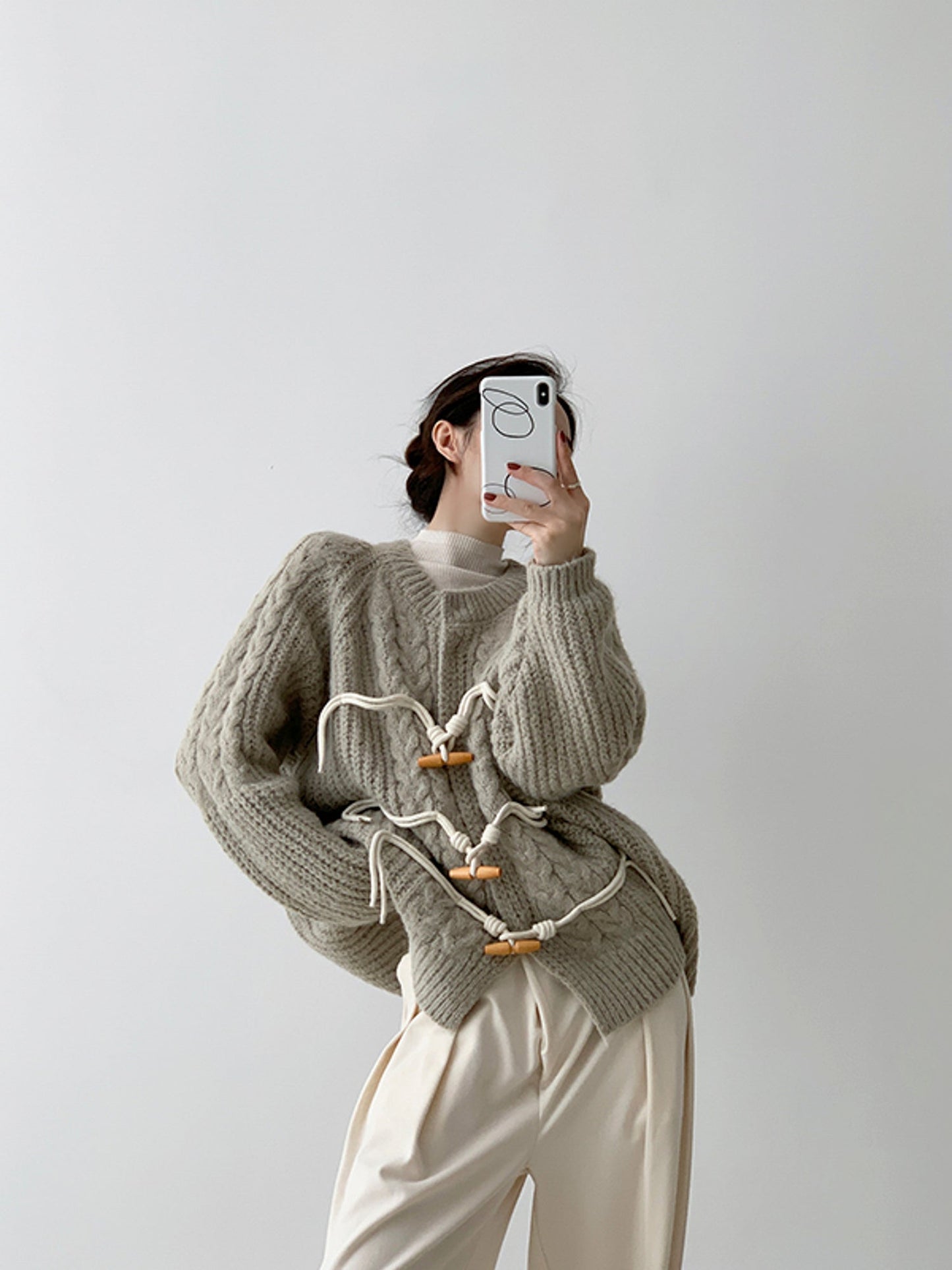 Chunky Knit Horn Button Twisted Cardigan in Grey-Green Tones for Women Autumn Winter Sweater - - DYAVOR®
