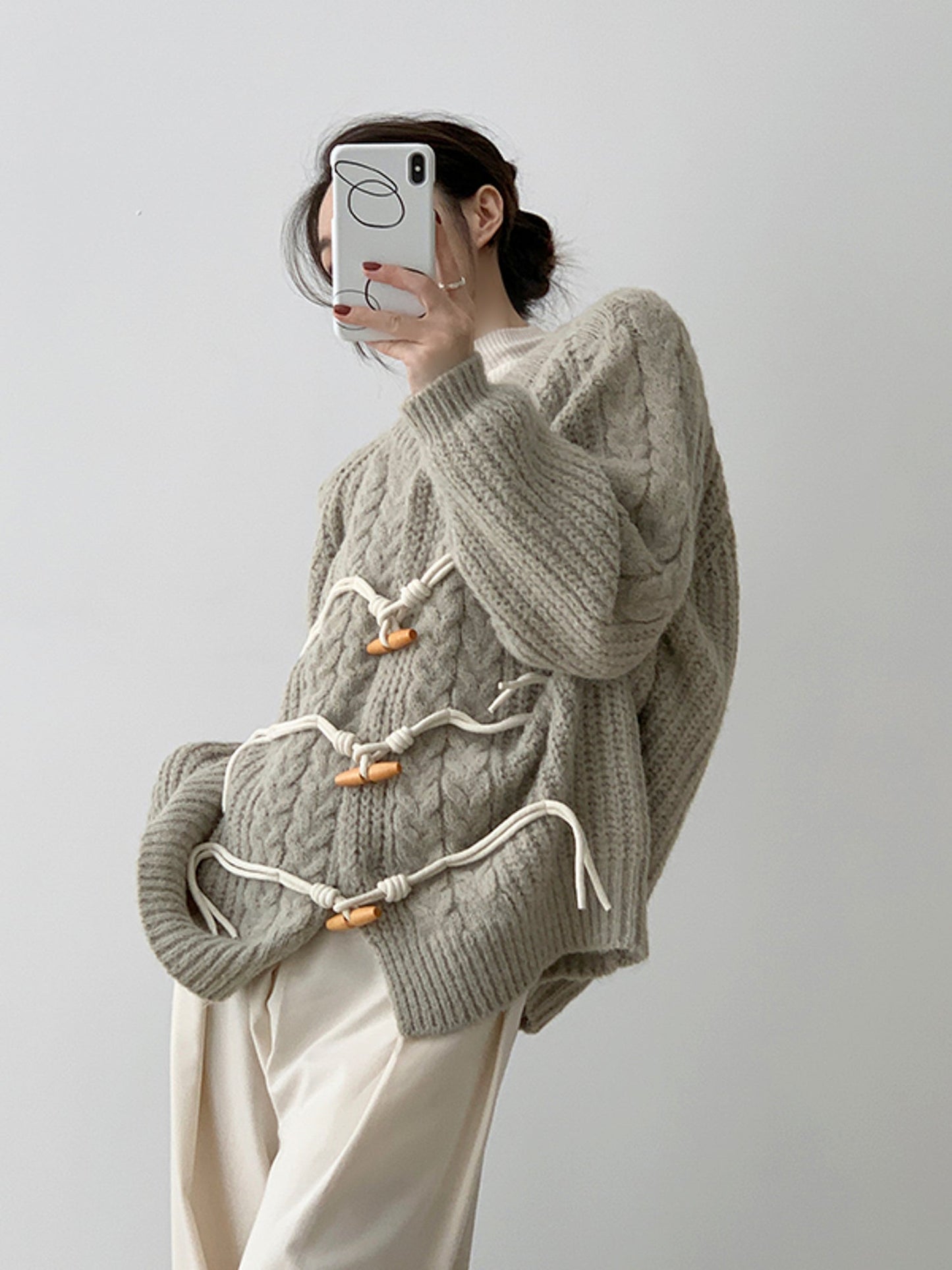 Chunky Knit Horn Button Twisted Cardigan in Grey-Green Tones for Women Autumn Winter Sweater - - DYAVOR®