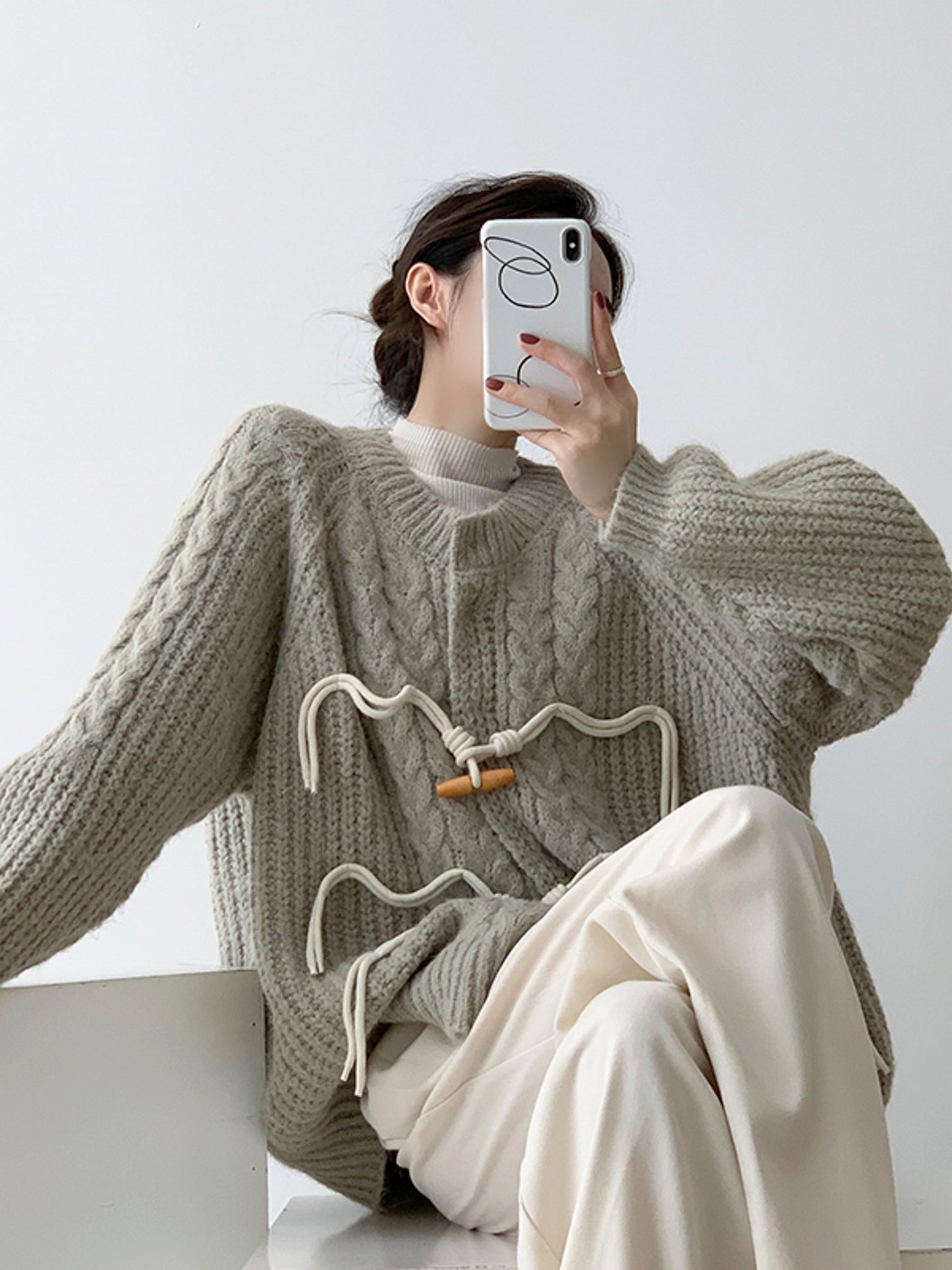 Chunky Knit Horn Button Twisted Cardigan in Grey-Green Tones for Women Autumn Winter Sweater - - DYAVOR®