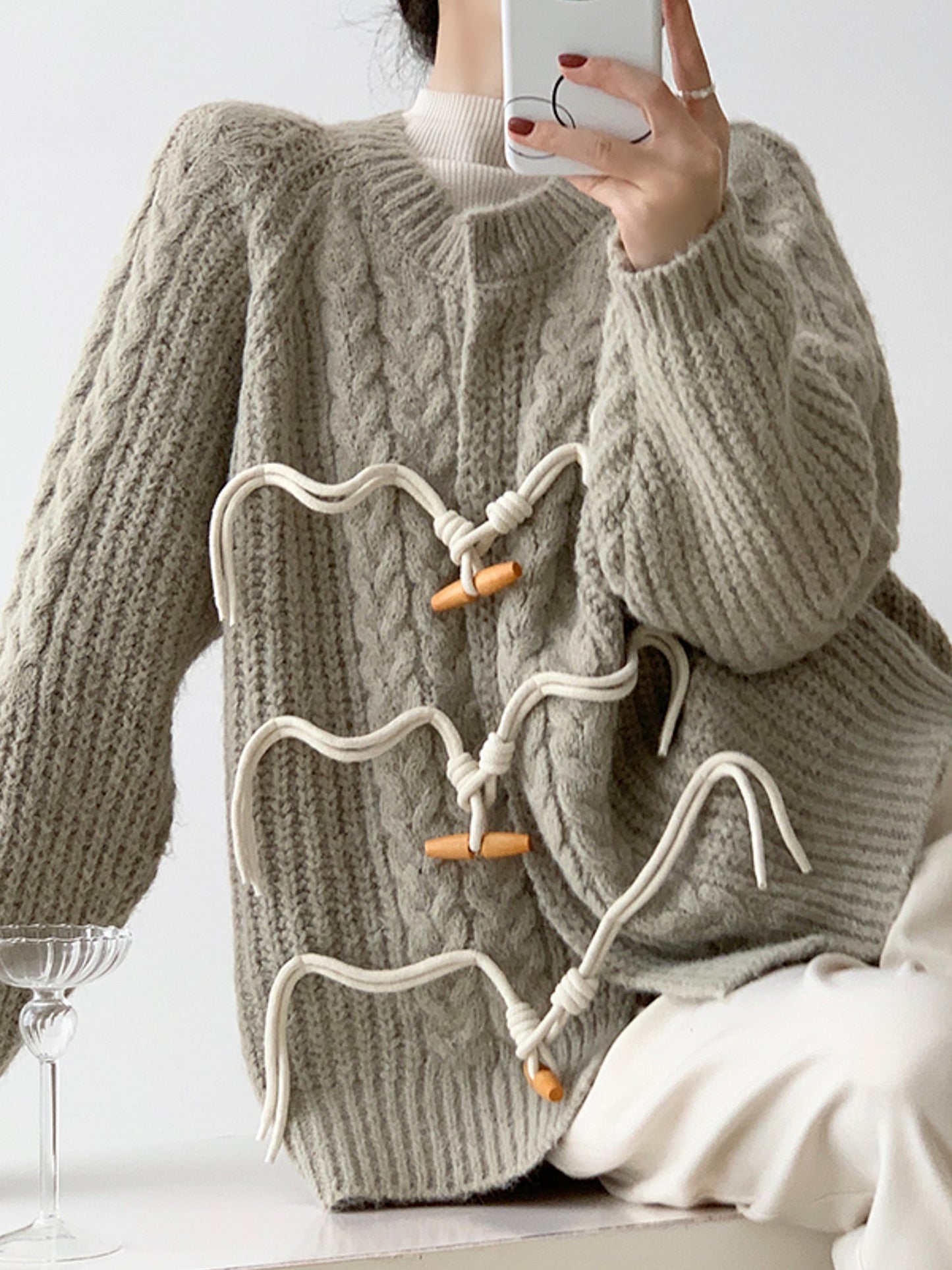 Chunky Knit Horn Button Twisted Cardigan in Grey-Green Tones for Women Autumn Winter Sweater - - DYAVOR®