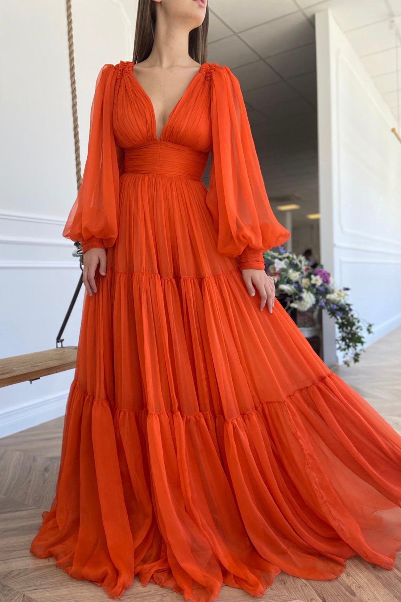 Iyla | Orange Chiffon Floor Length Prom Dress, Long Sleeve Evening Party Dress - Prom Dress - DYAVOR®