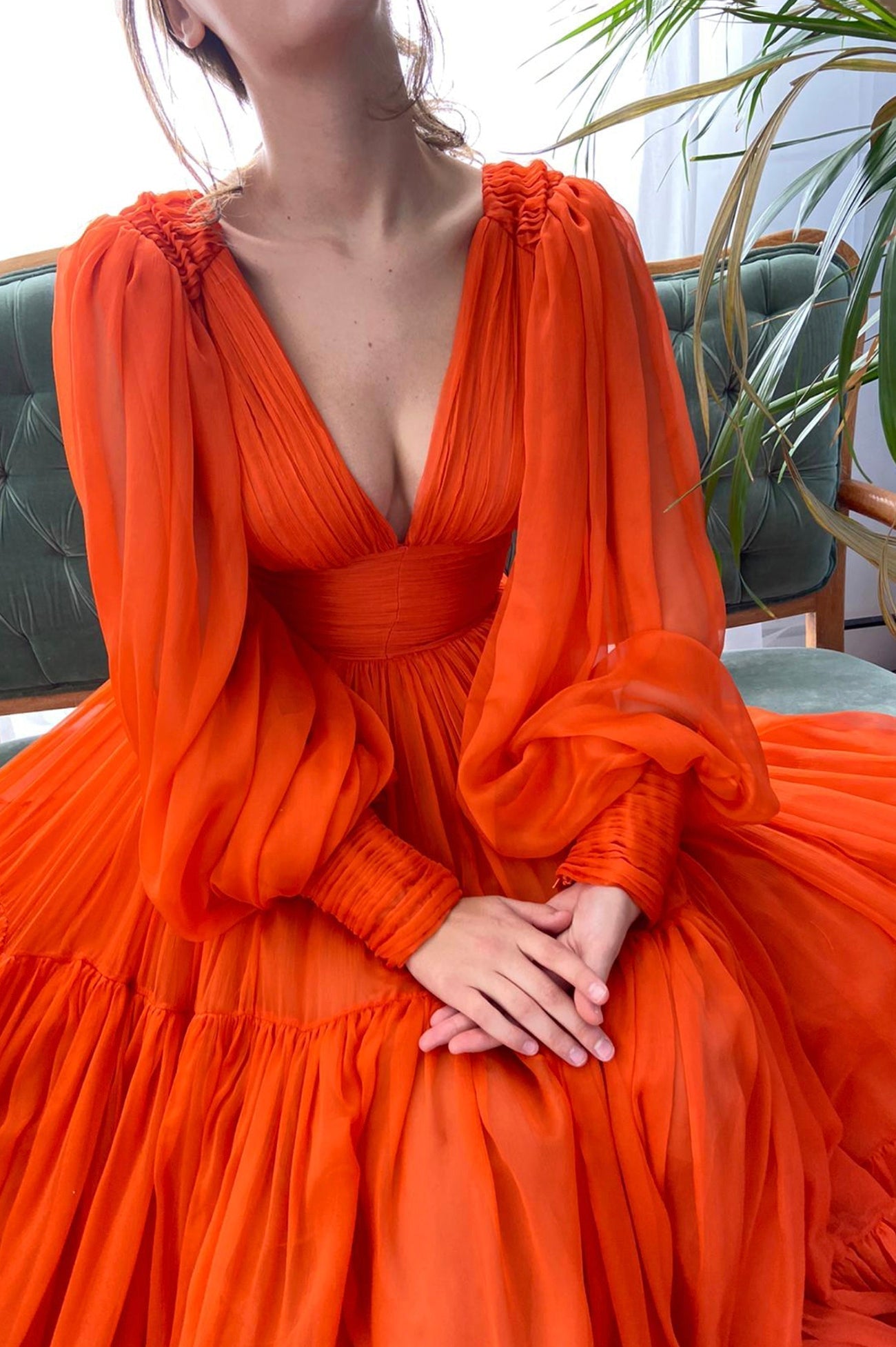 Iyla | Orange Chiffon Floor Length Prom Dress, Long Sleeve Evening Party Dress - Prom Dress - DYAVOR®