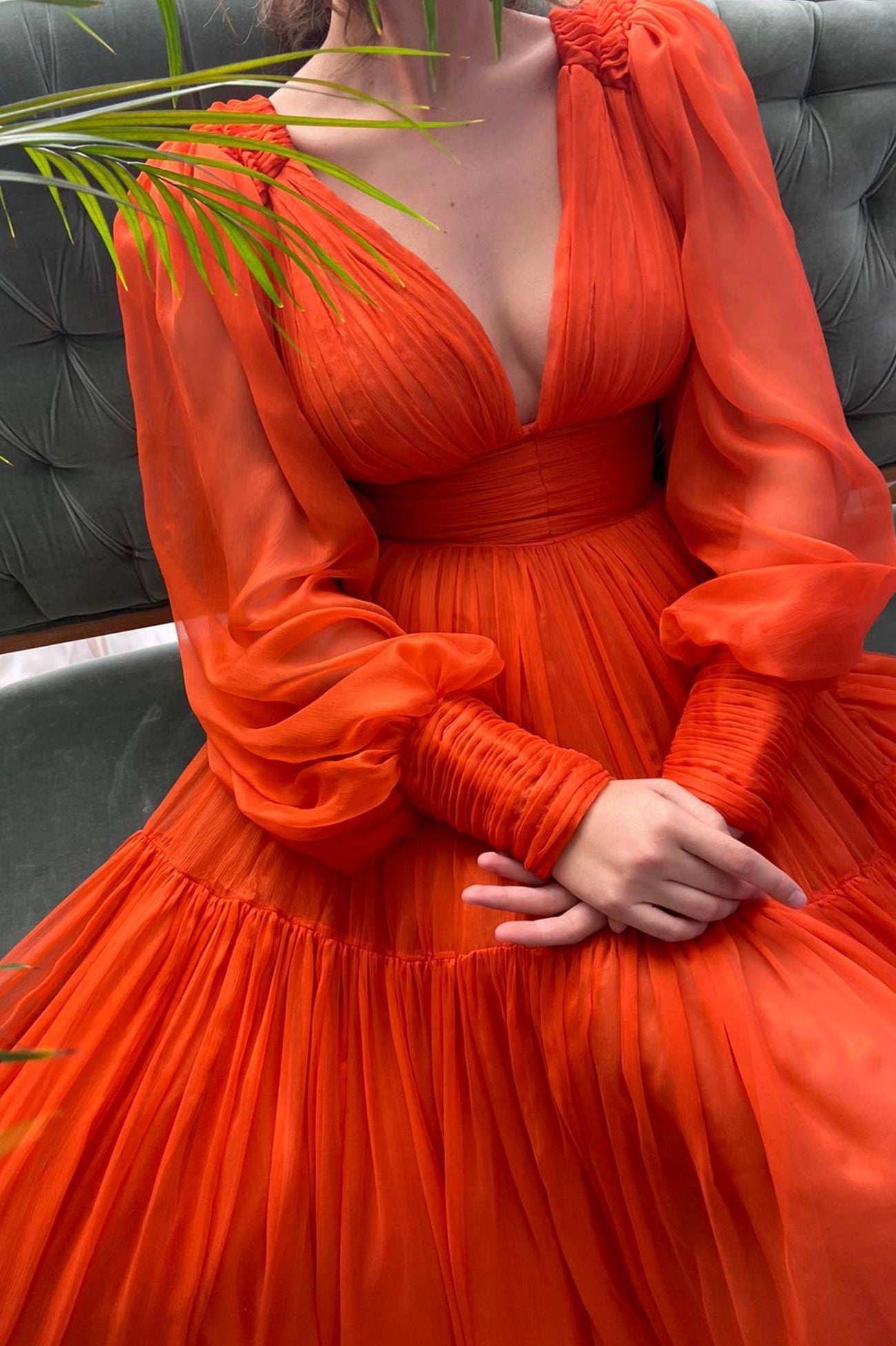 Iyla | Orange Chiffon Floor Length Prom Dress, Long Sleeve Evening Party Dress - Prom Dress - DYAVOR®